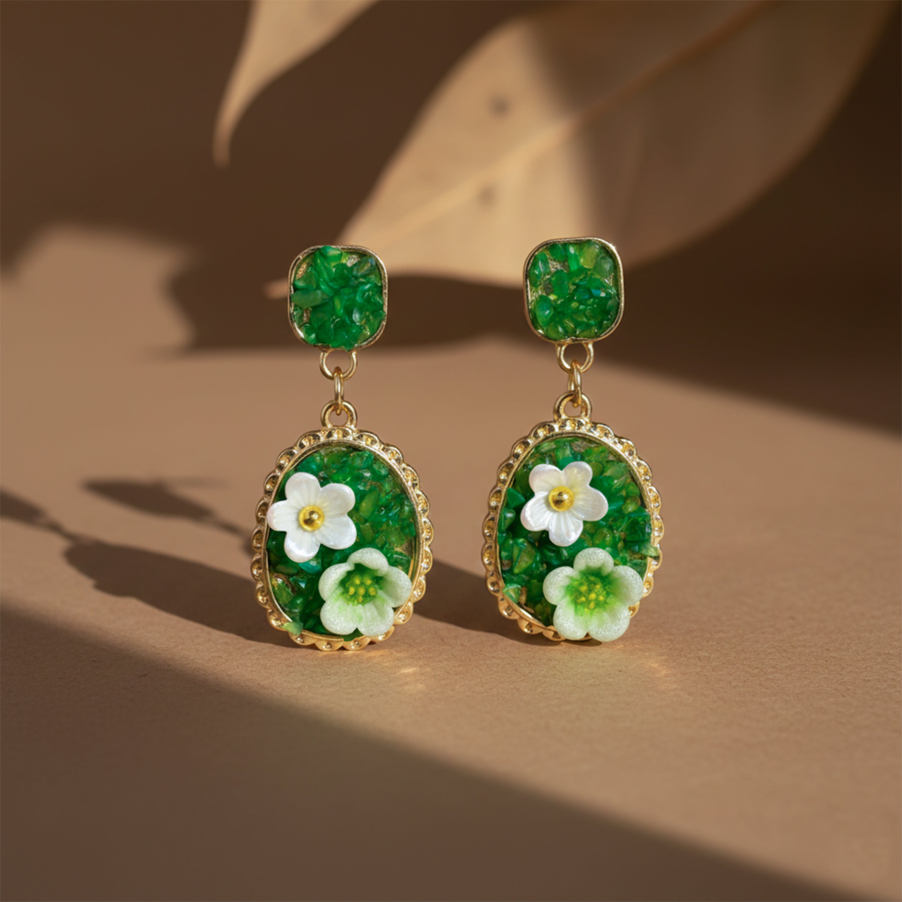 Jade Bloom Elliptical Dangle Ear Studs GWE -205