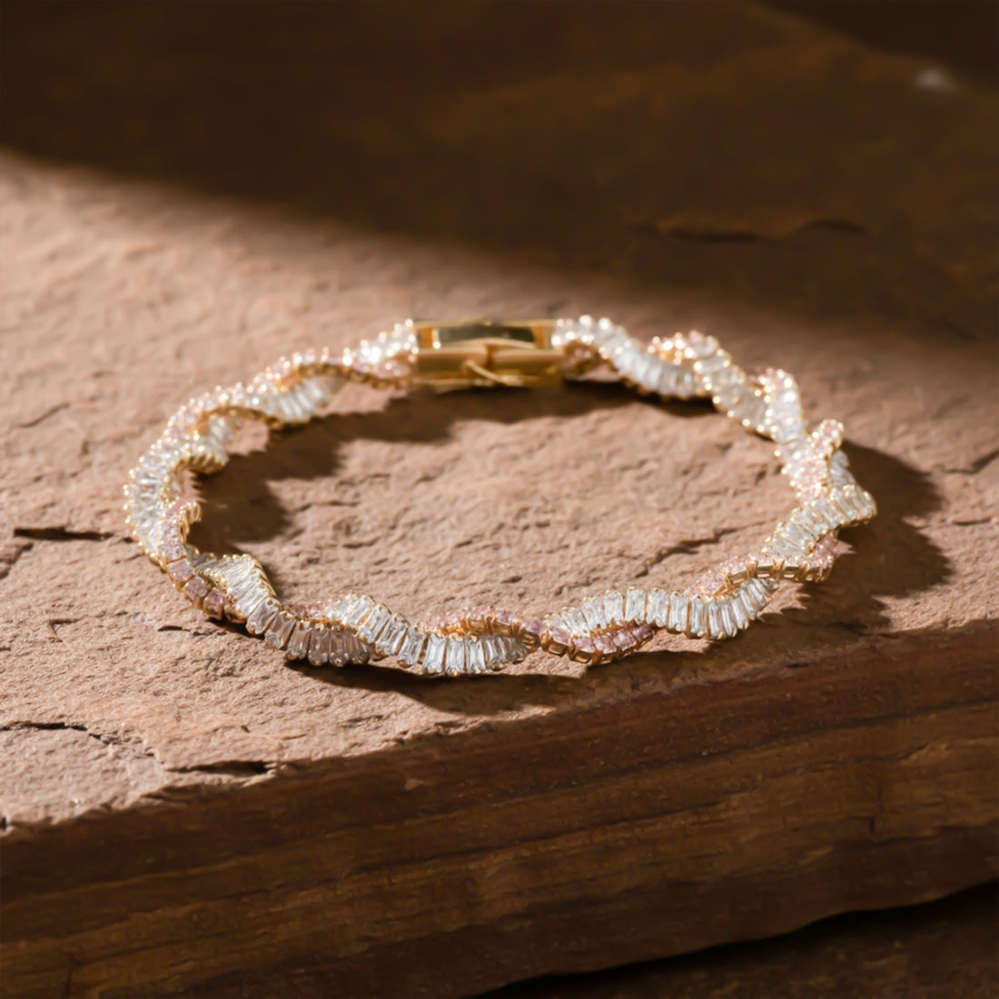 Gold Pink Baguette Stone Twisted Bracelet for women - Finora Jewels