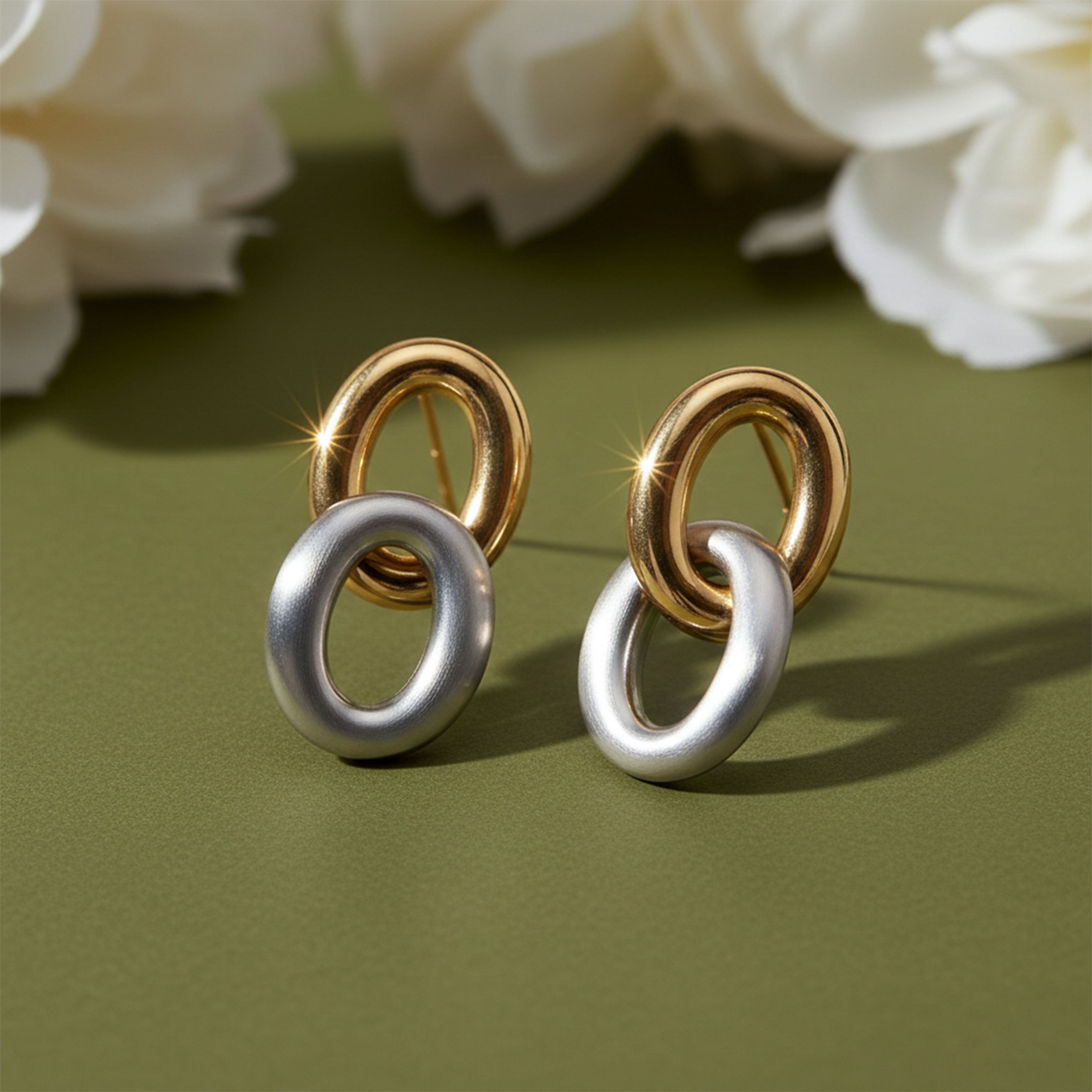 Dual Orbit Two-Tone Link Stud Stud Earrings for women in Silver - Finora Jewels