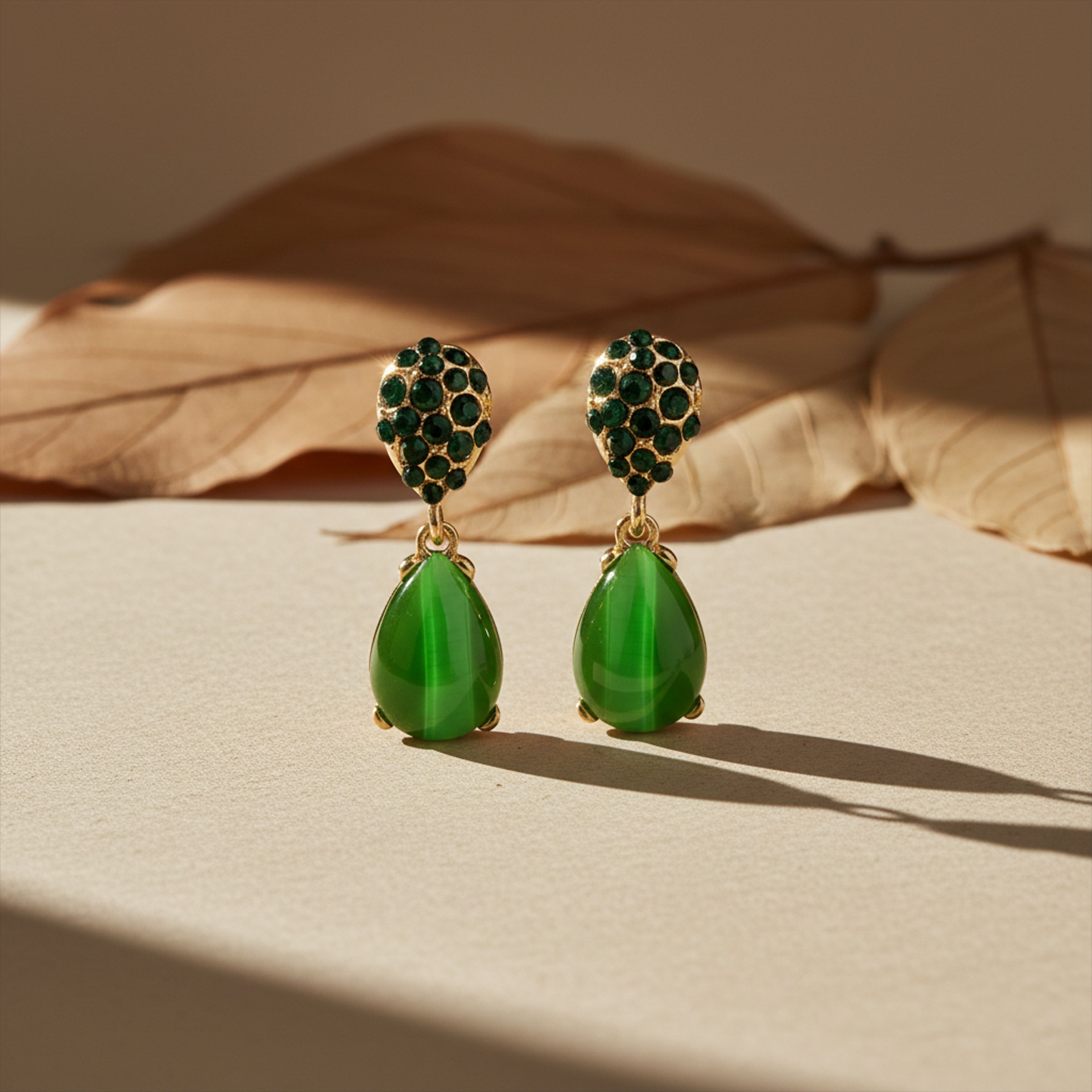 Green Crystal Teardrop Stud Earrings for women in Gold - Finora Jewels