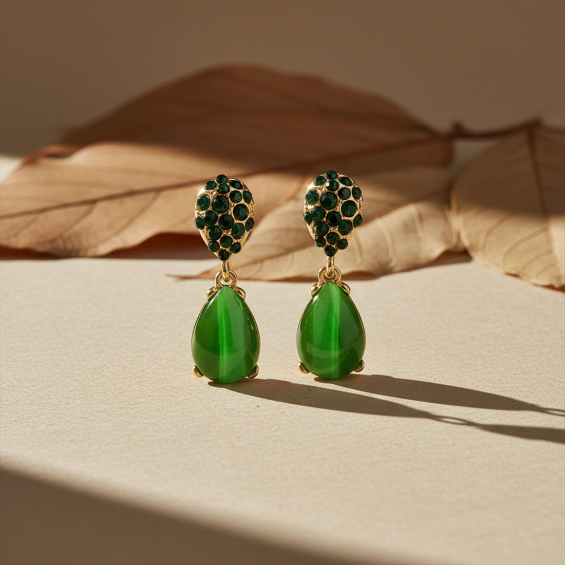Green Crystal Teardrop Stud Earrings for women in Gold - Finora Jewels