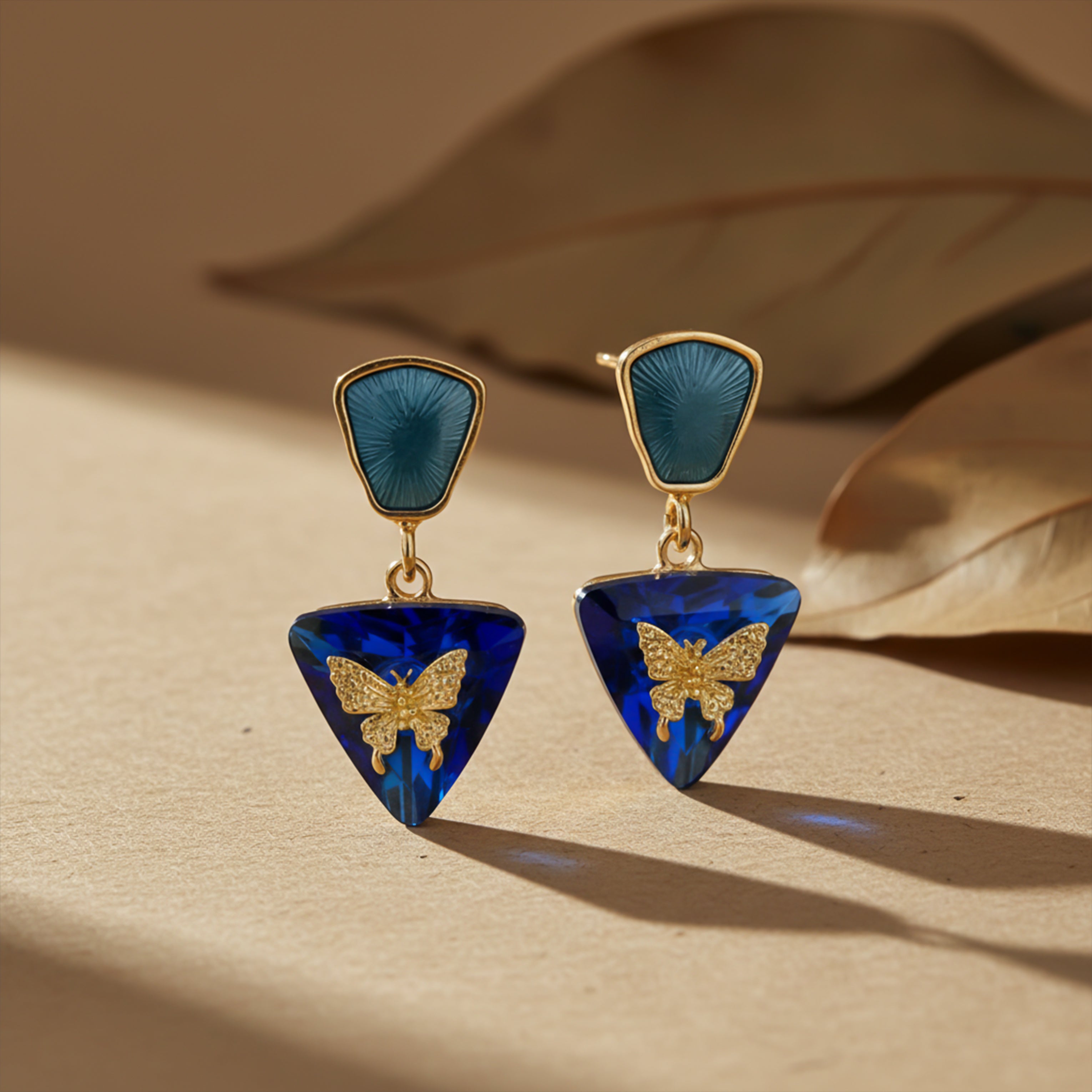 Gold Blue Butterfly Crystal Stud Earrings for women - Finora Jewels