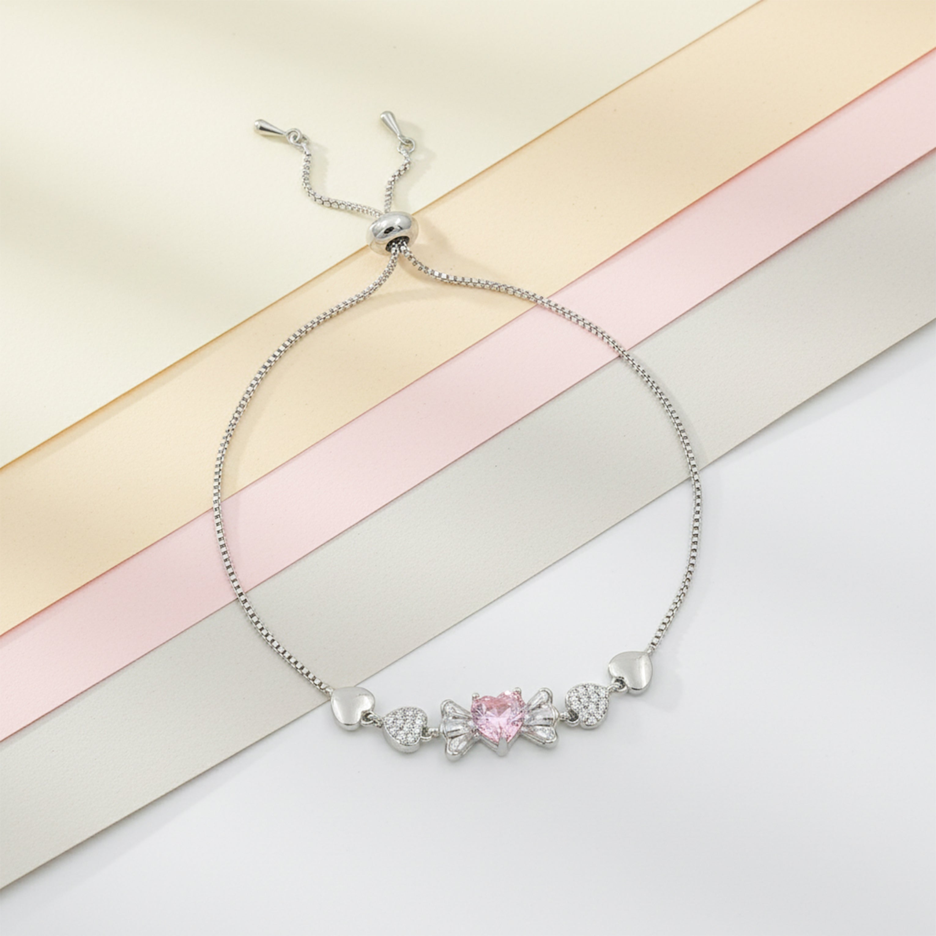 Silver Pink Heart Bow Bracelet for women - Finora Jewels