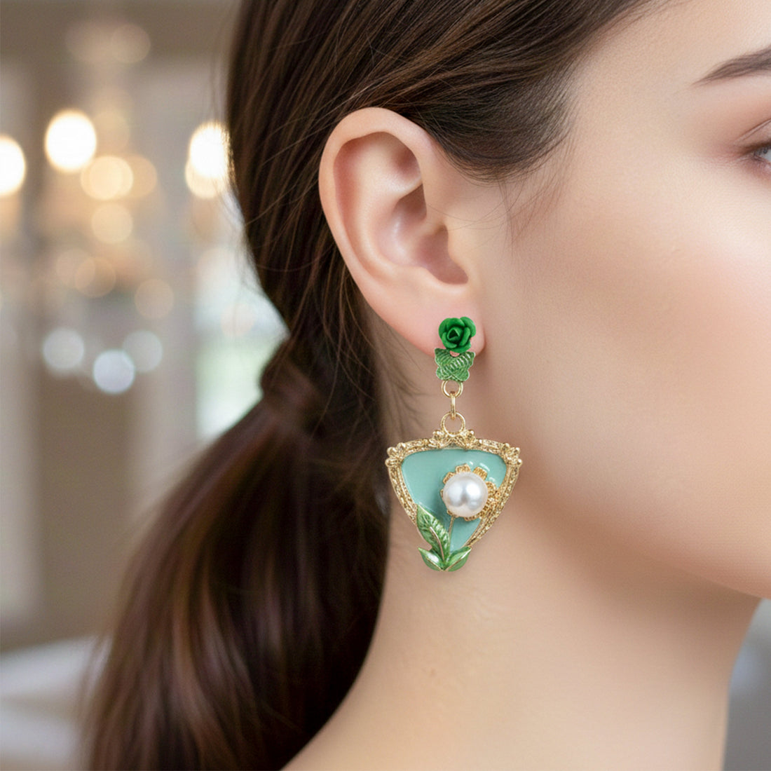 Verde Rosette Moti Dangle Ear Studs GWE -220