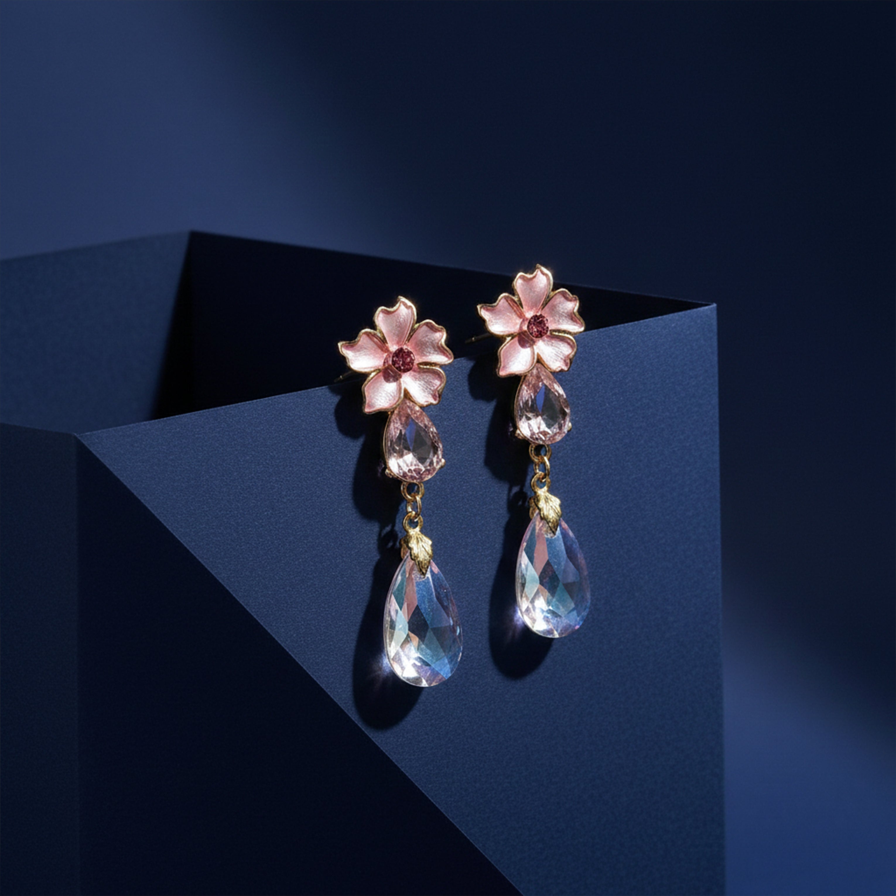 Gold Pink Floral Crystal Drop Stud Earrings for women - Finora Jewels