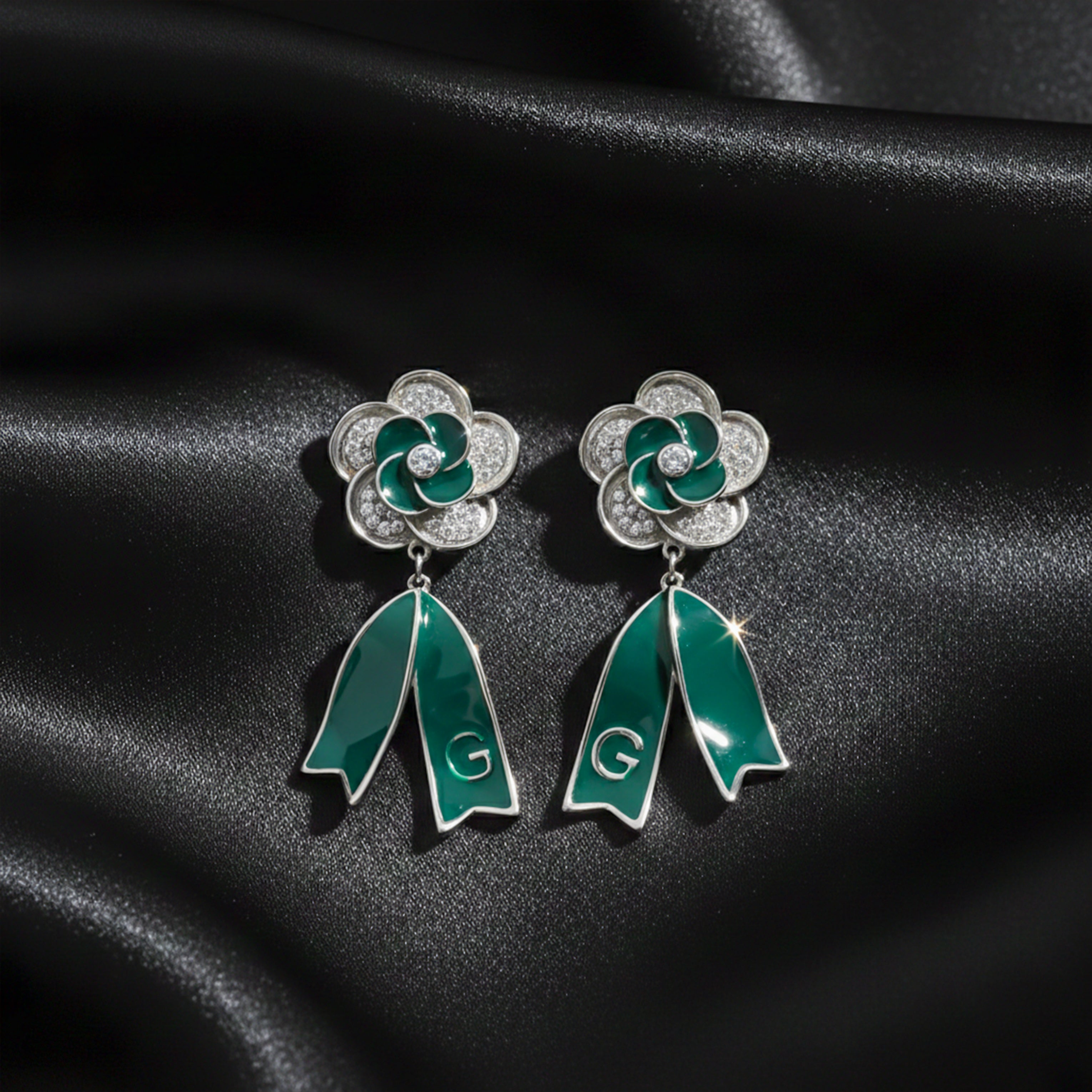 Silver Emerald Bloom Drop Stud Earrings for women - Finora Jewels