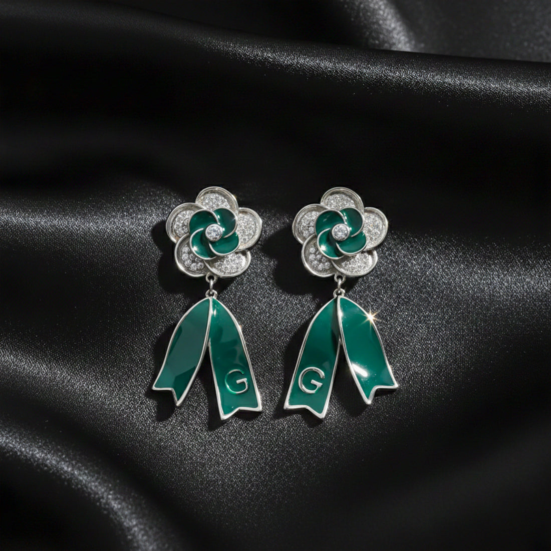 Silver Emerald Bloom Drop Stud Earrings for women - Finora Jewels
