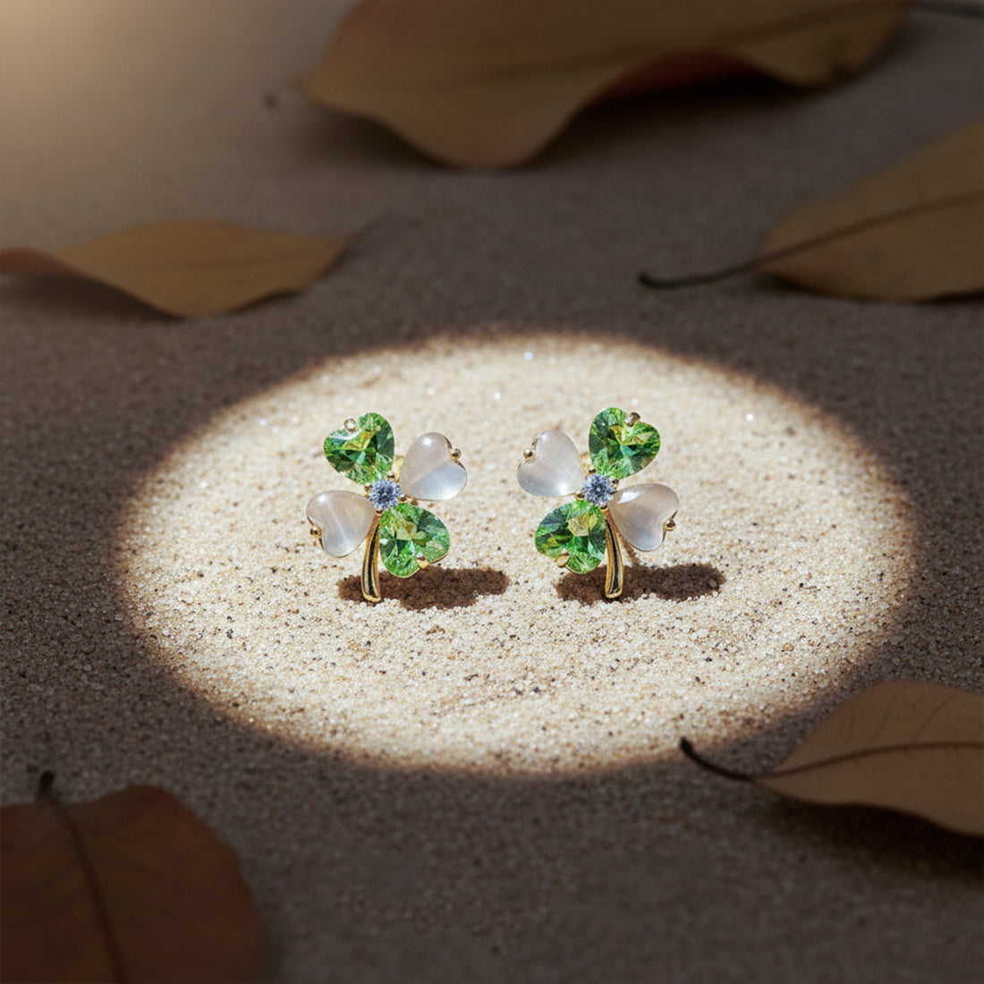 Jade Quatrefoil Cubic Zirconia Post Ear Studs GWE -112