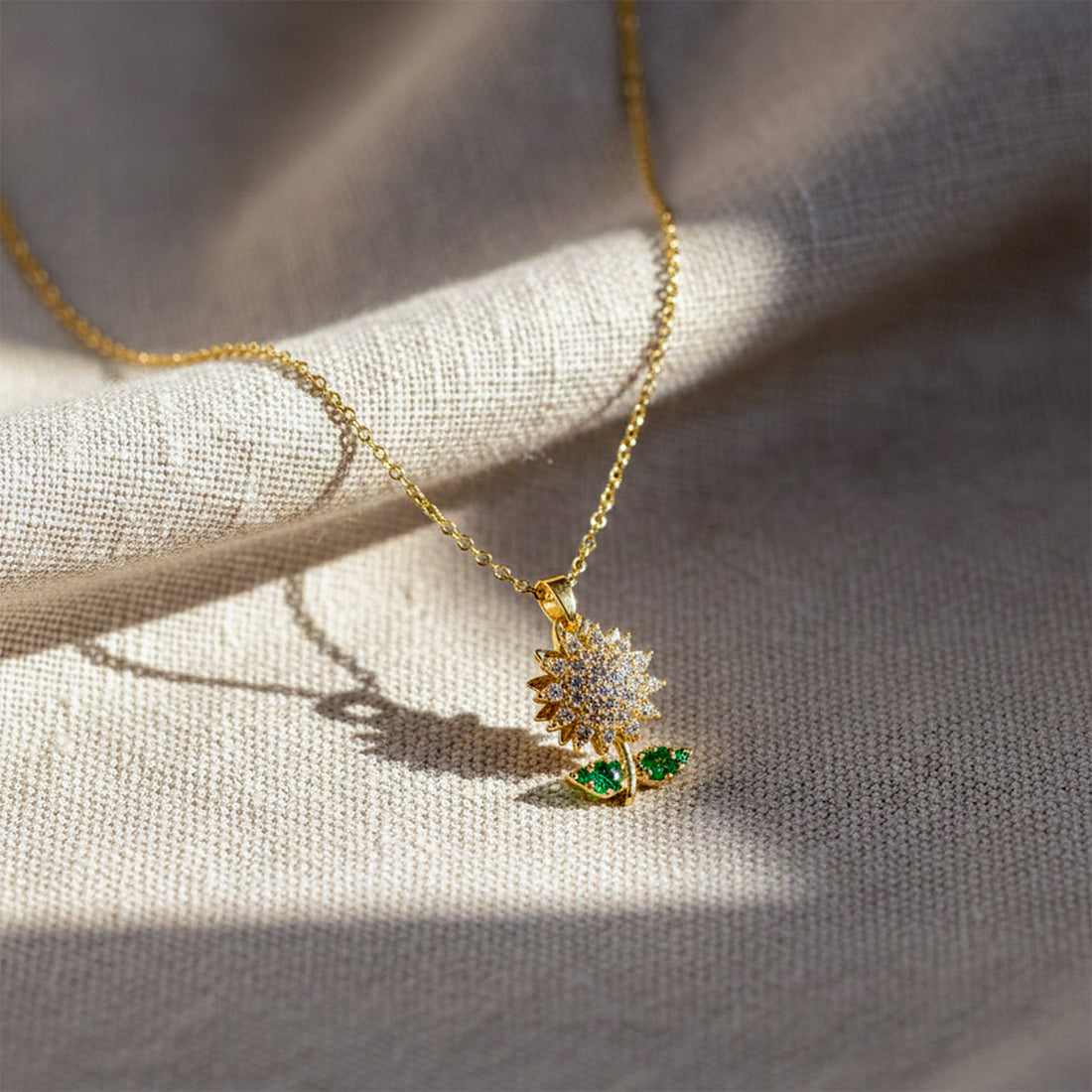 Women Necklace Olden Bloom Floral with Green Leaf Accents Gold jewellery - Finora Jewels
