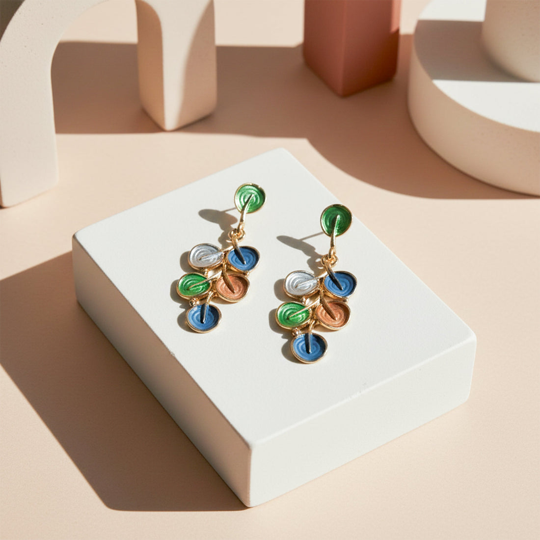Multicolor Enamel Foliage Dangle Ear Studs GWE -206