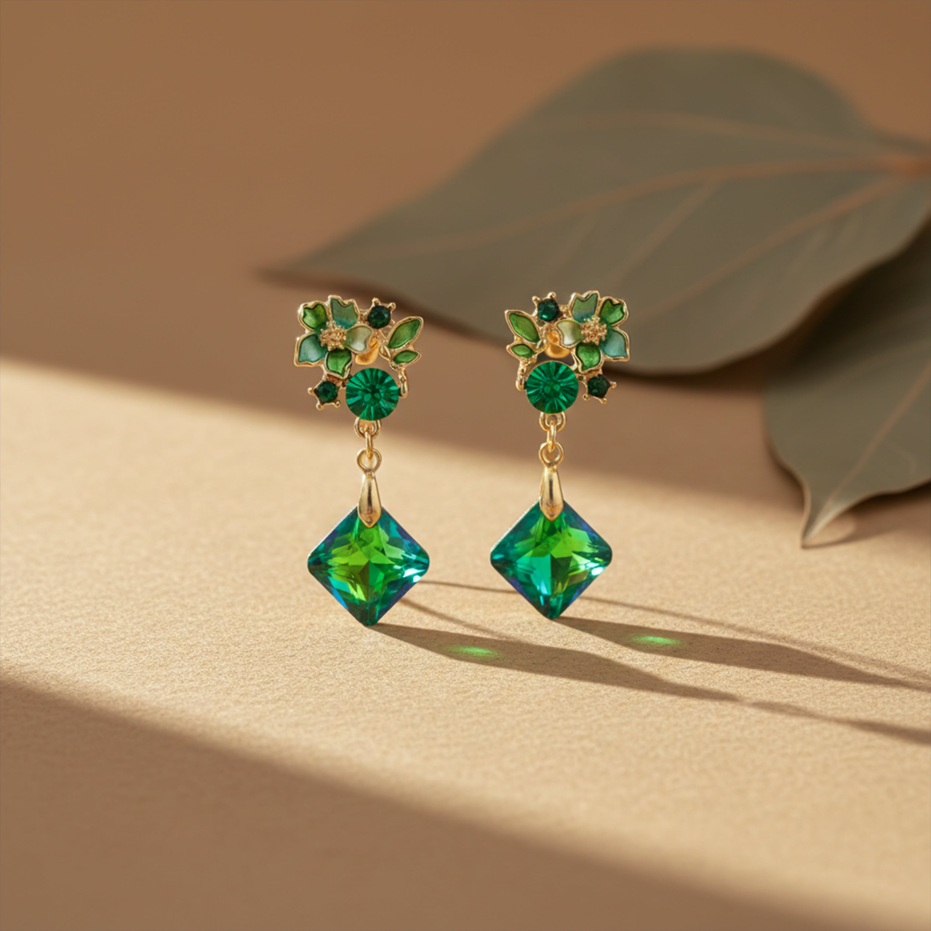 Women Stud Earrings Green Floral Gold jewellery - Finora Jewels