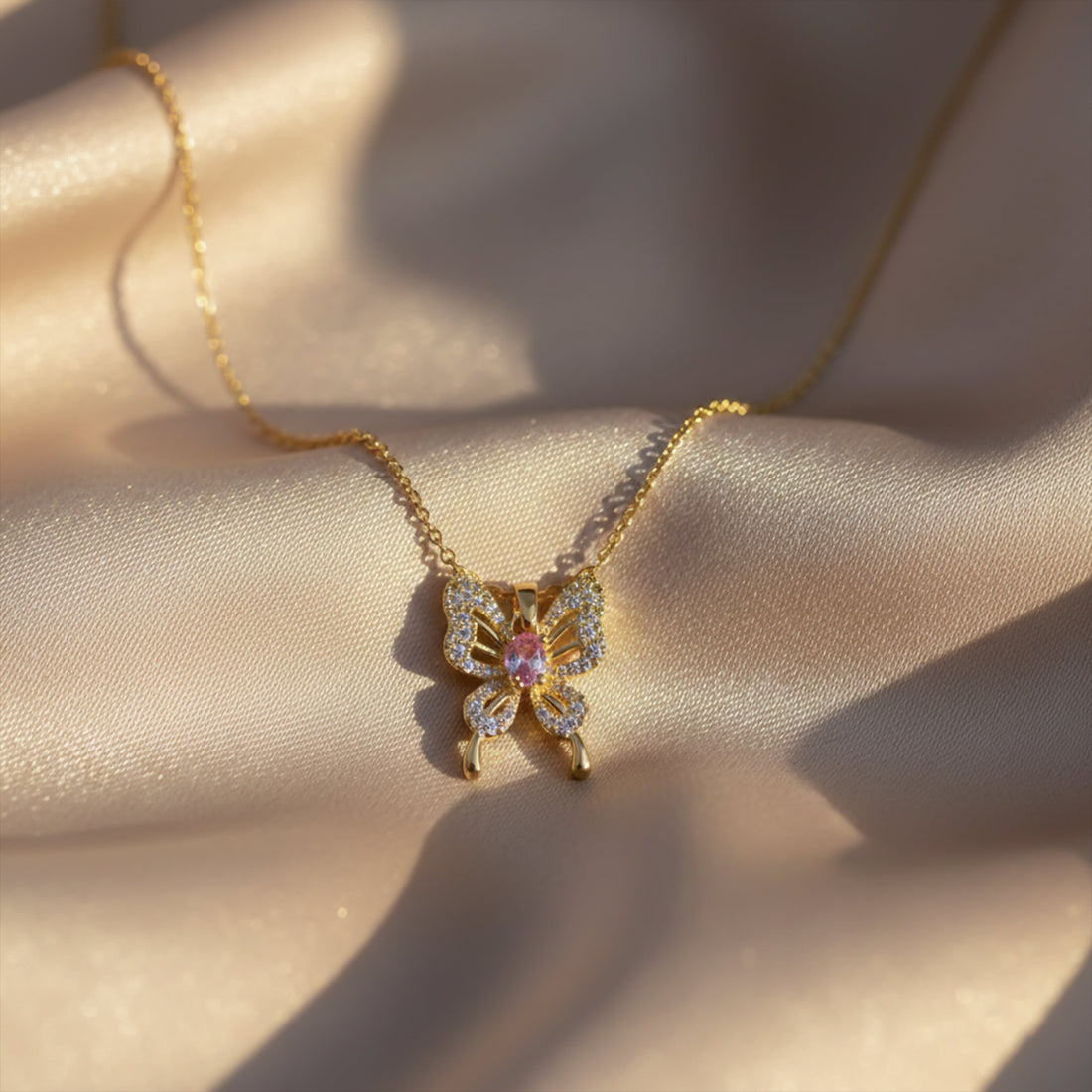 Gold Pink Butterfly Necklace for women - Finora Jewels