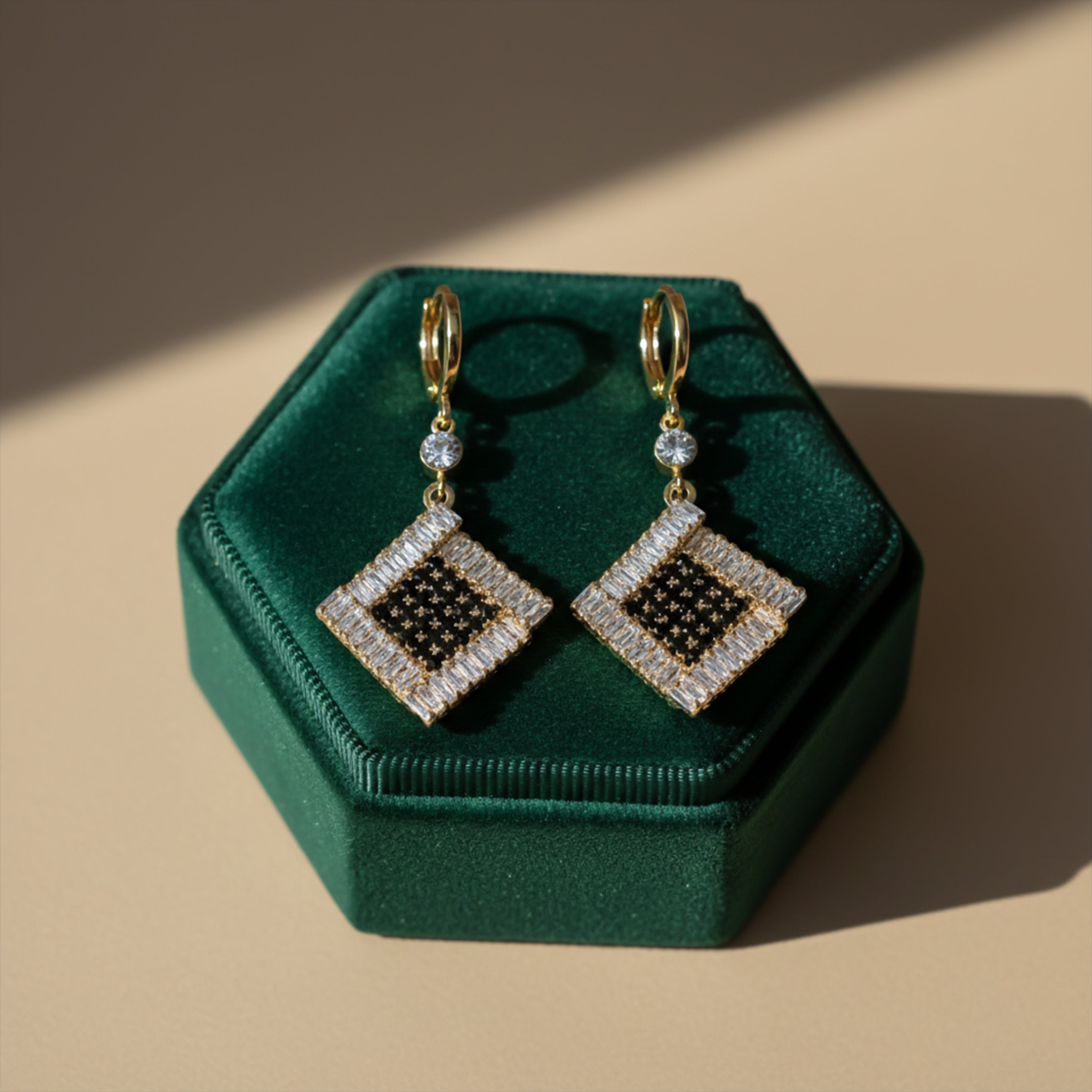 Women Drop Earrings Black & White Crystal Square Drop Gold jewellery - Finora Jewels