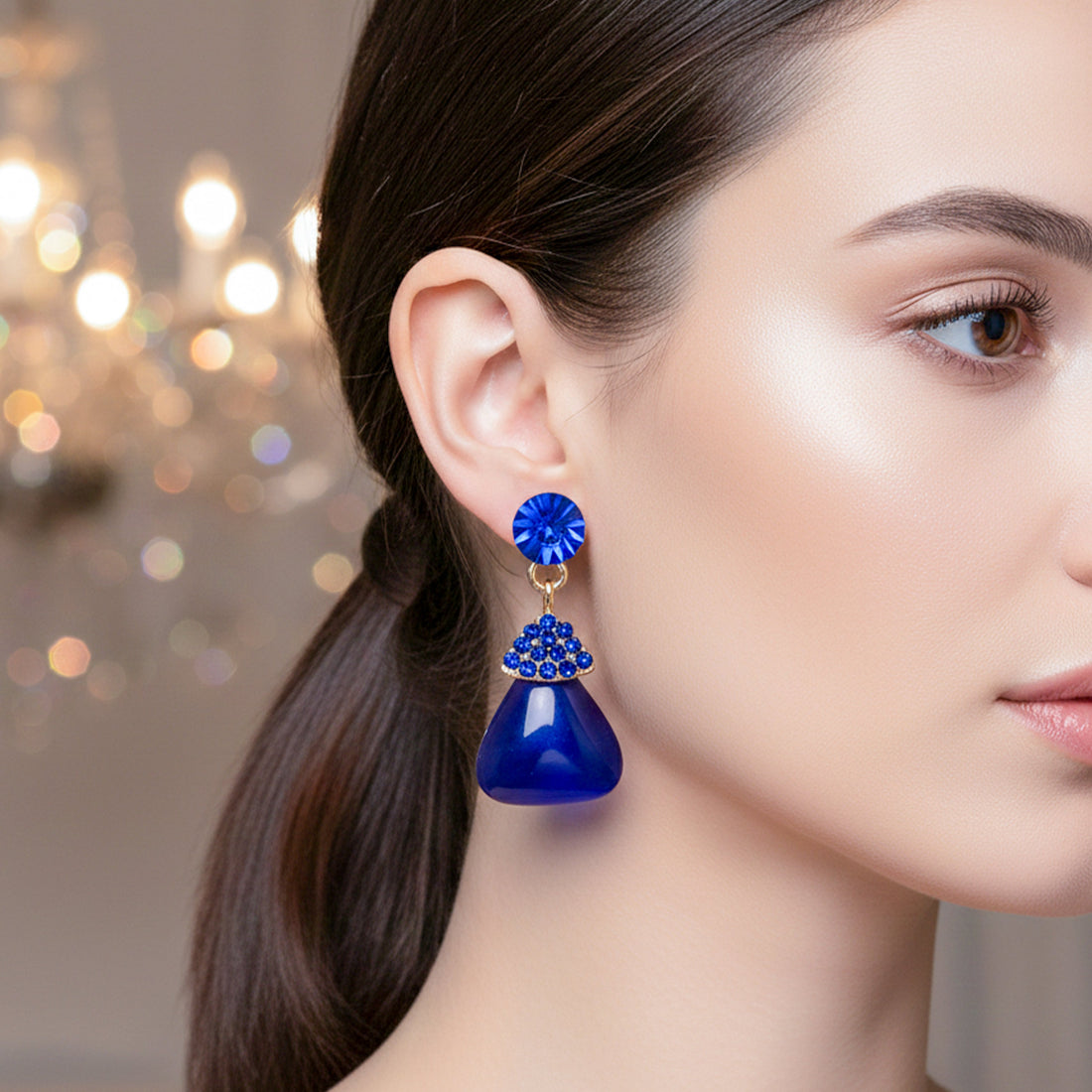 Regal Blue Pear-Cut Ear Studs GWE -215