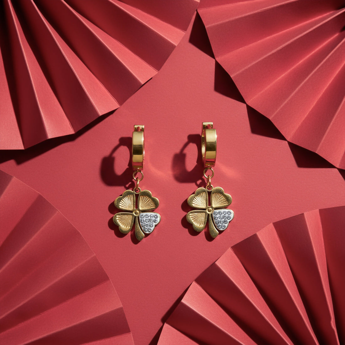 Gold Clover Drop Hoop Earrings for women - Finora Jewels