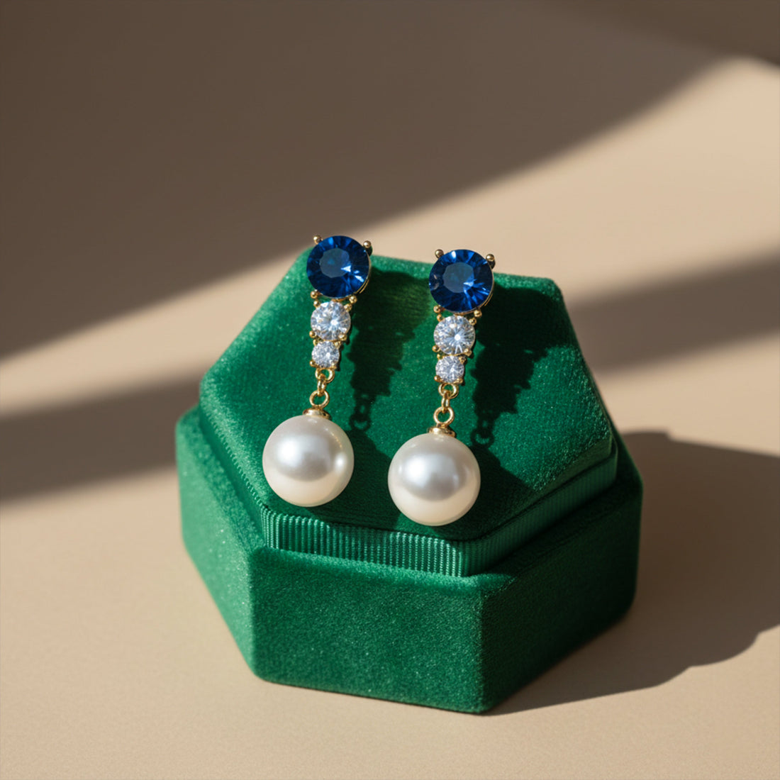 Blue Crystal & Pearl Drop Stud Earrings for women in Gold - Finora Jewels
