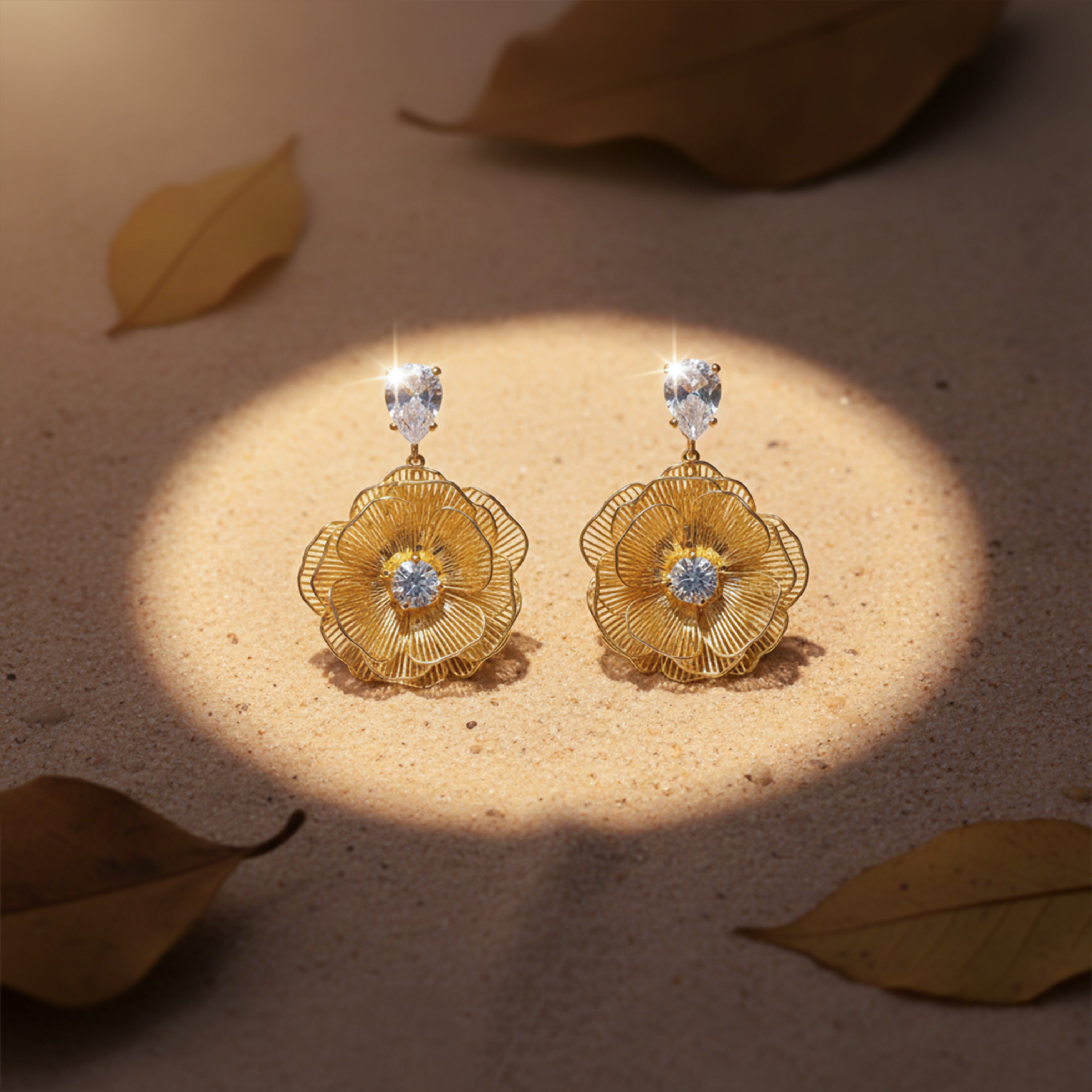 Opulent Gold Bloom Dangle Ear Studs GWE -127