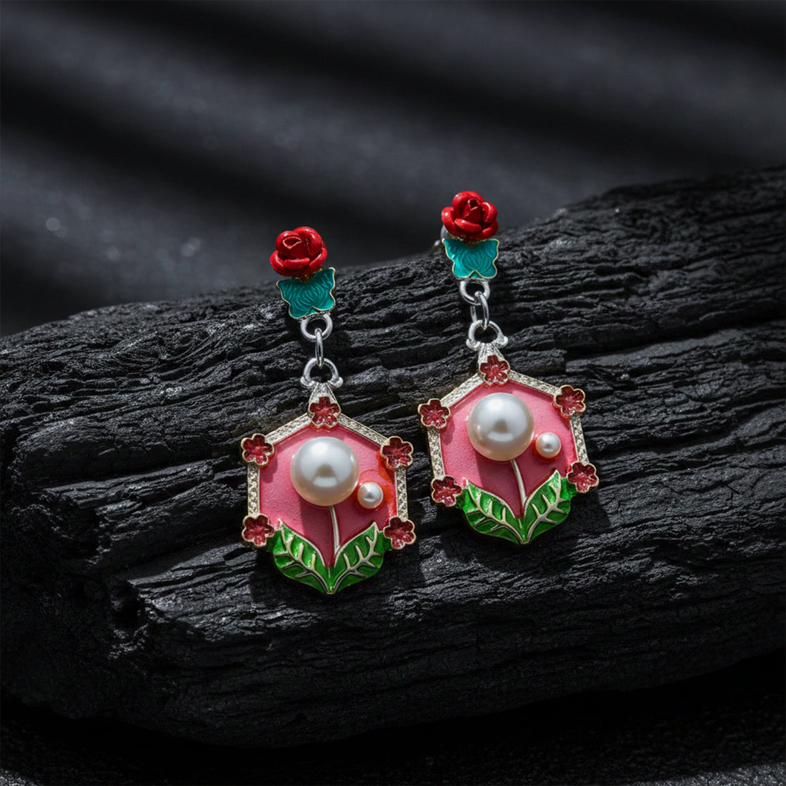 Women Stud Earrings Red Floral Pearl Gold jewellery - Finora Jewels