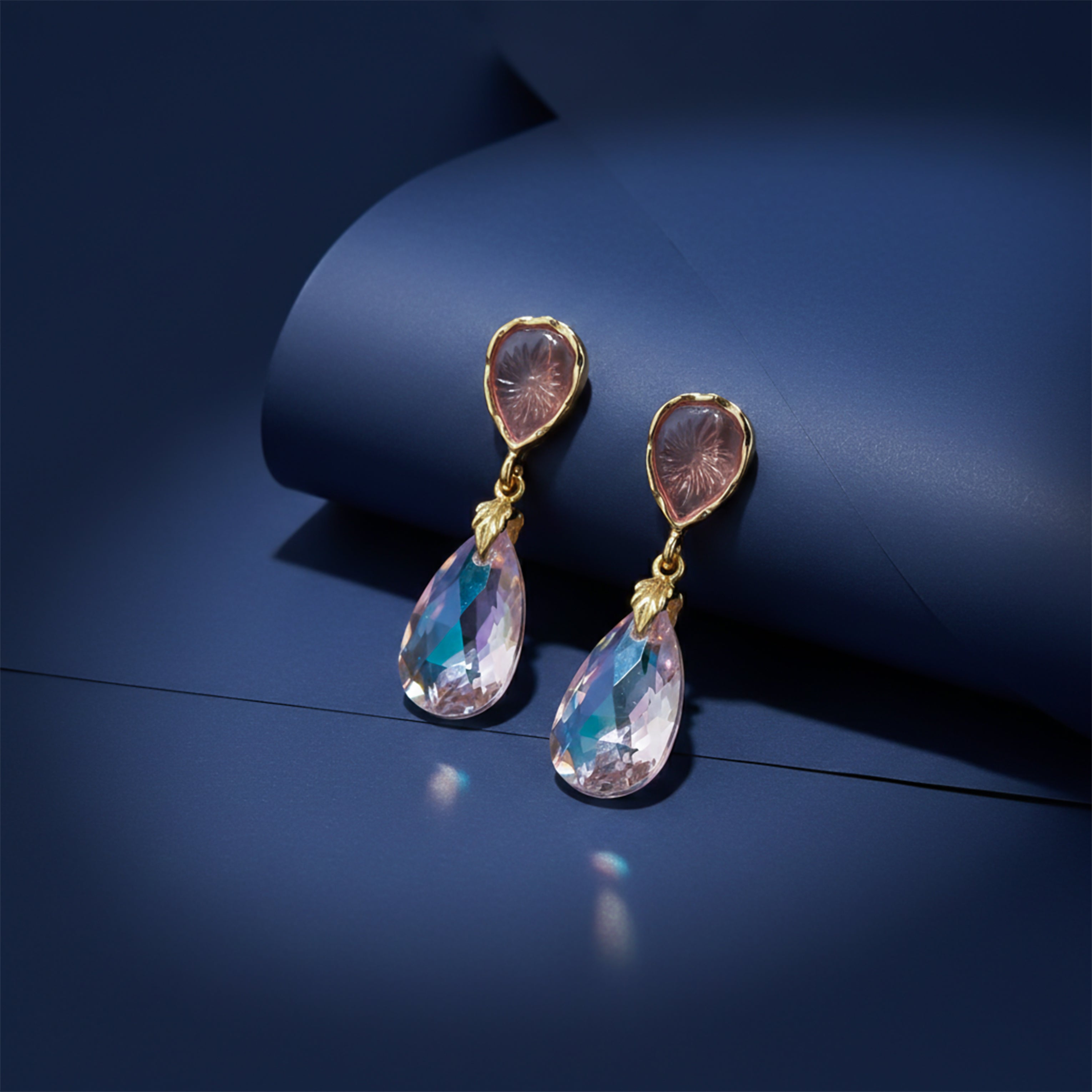 Gold Pink Crystal Drop Stud Earrings for women - Finora Jewels