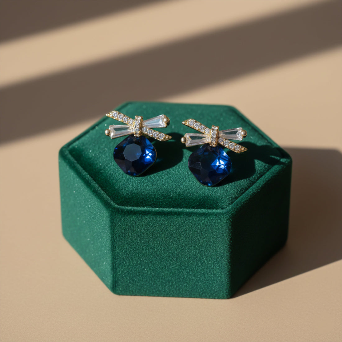 Gold Royal Blue Crystal Bow Stud Stud Earrings for women - Finora Jewels