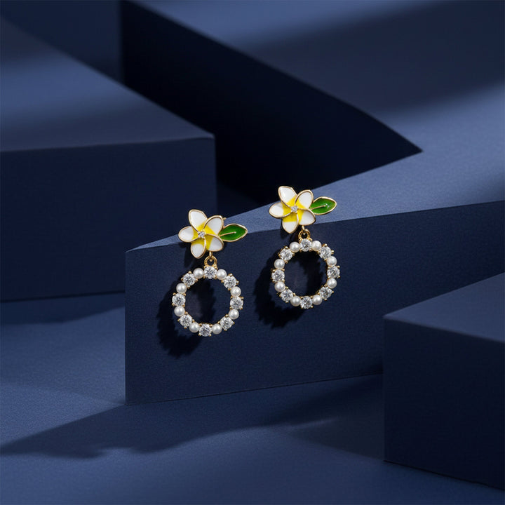 Bloom & Cubic Zirconia Hoop Dangle Ear Studs GWE -133