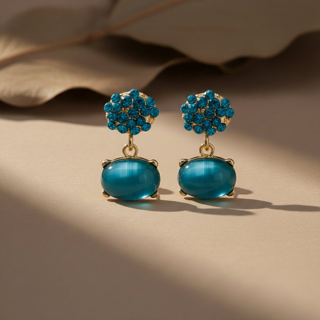 Teal Cubic Zirconia Elliptical Dangle Ear Studs GWE -218