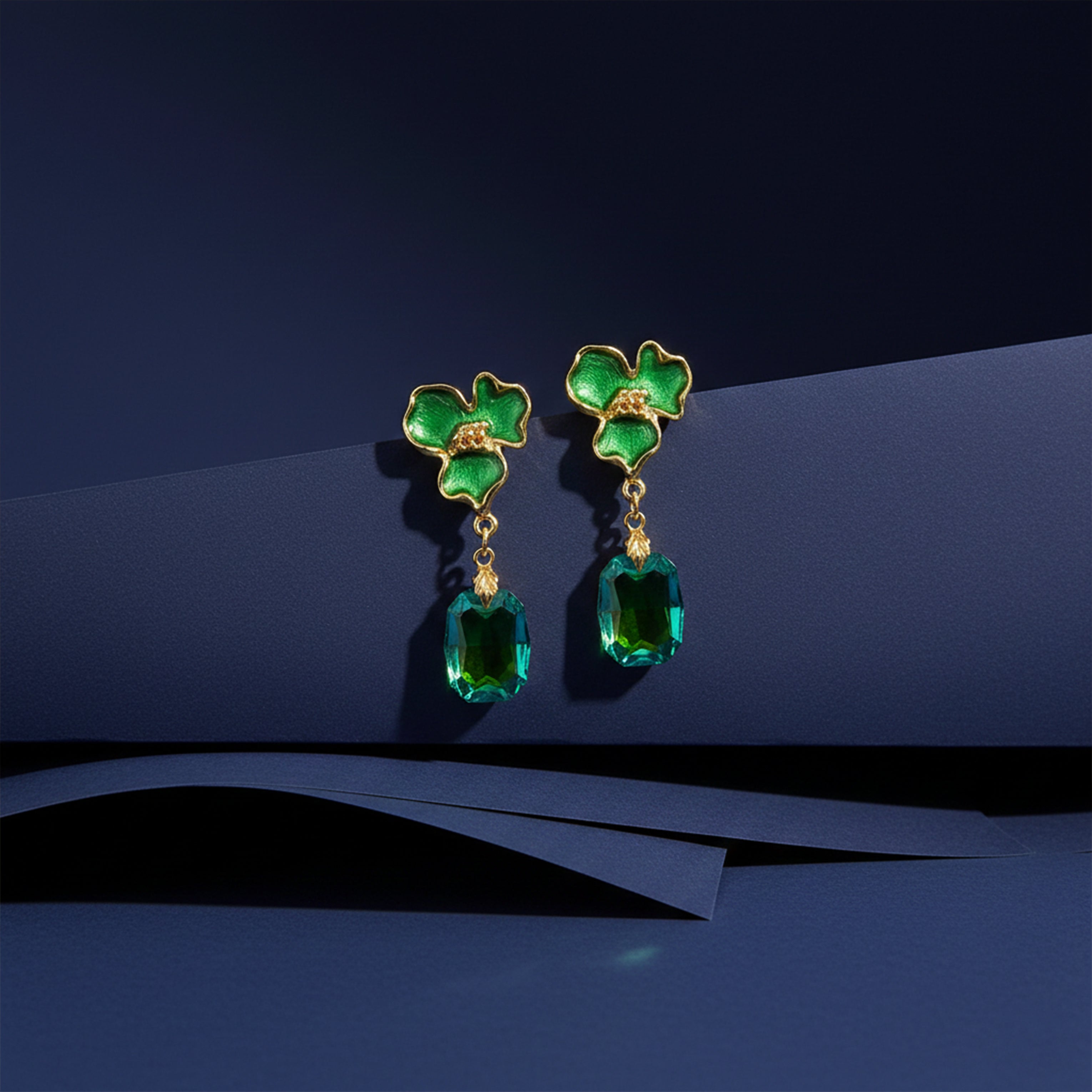 Gold Green Enamel Floral Drop Drop Earrings for women - Finora Jewels