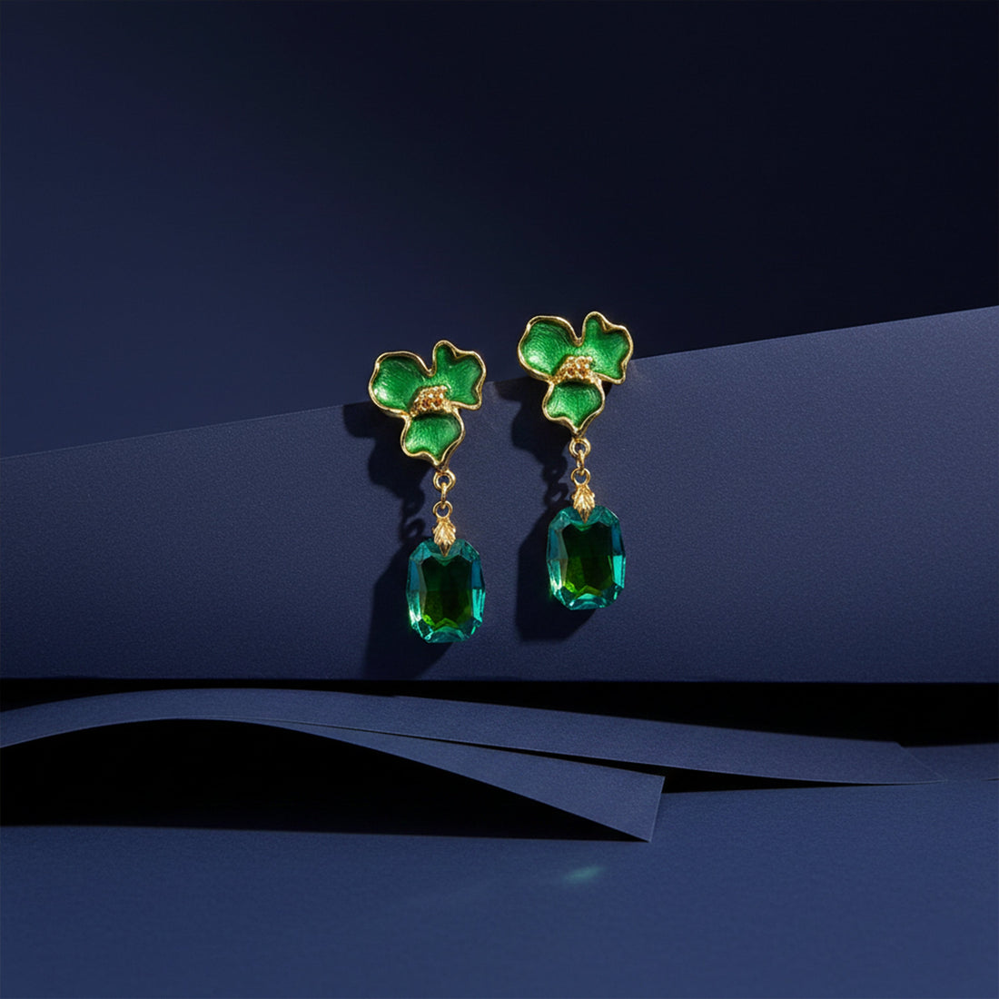 Gold Green Enamel Floral Drop Drop Earrings for women - Finora Jewels