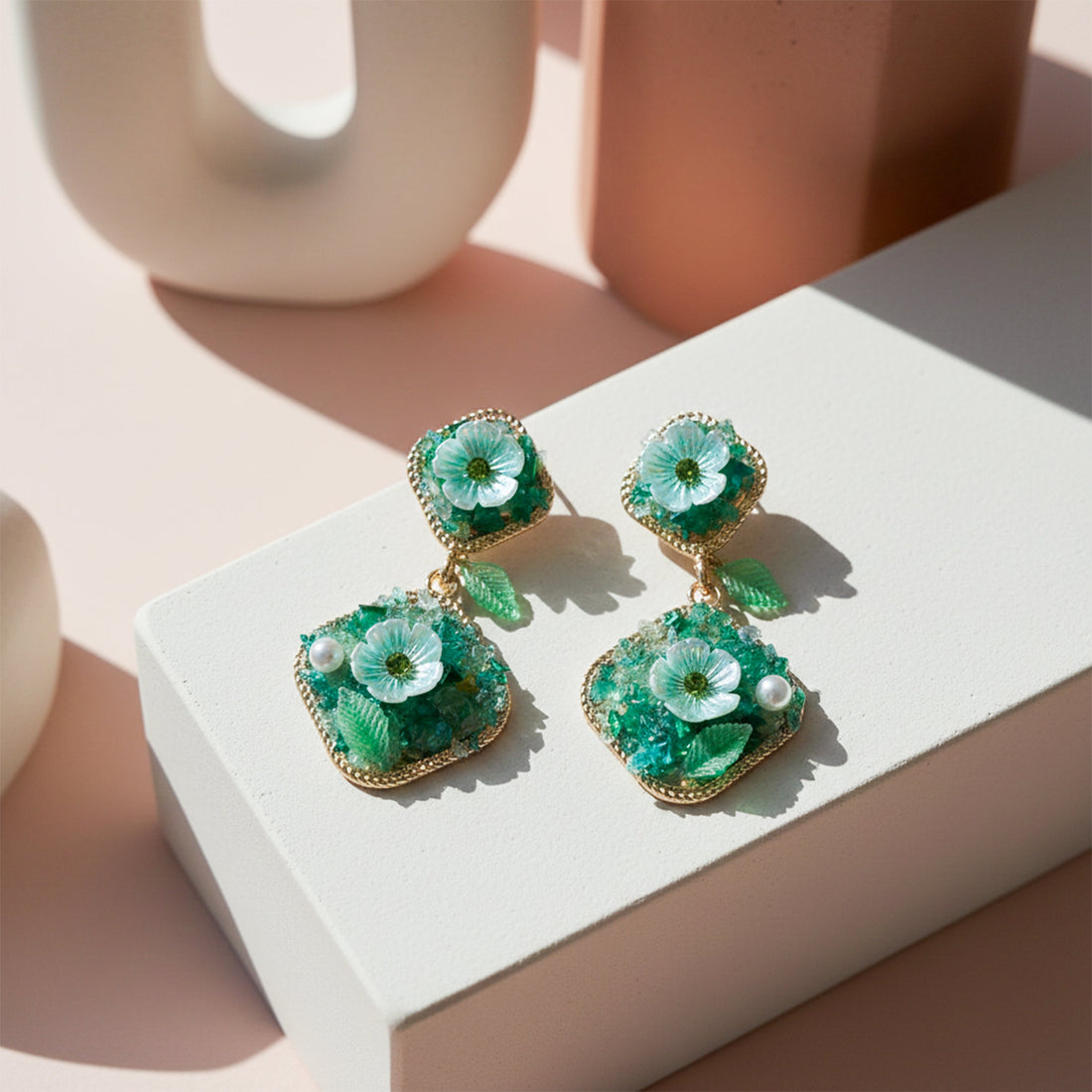 Verde Bloom Twin Dangle Ear Studs GWE -240