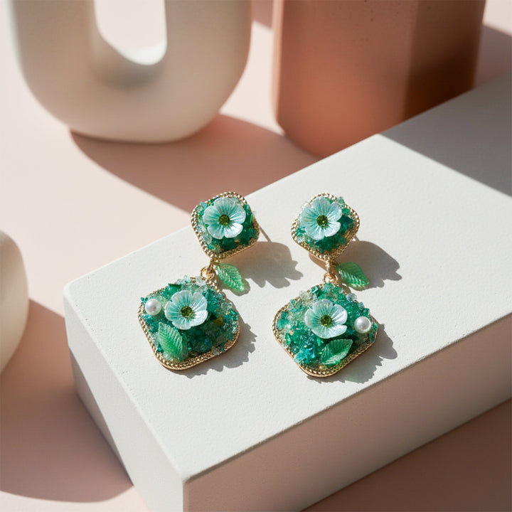 Verde Bloom Twin Dangle Ear Studs GWE -240
