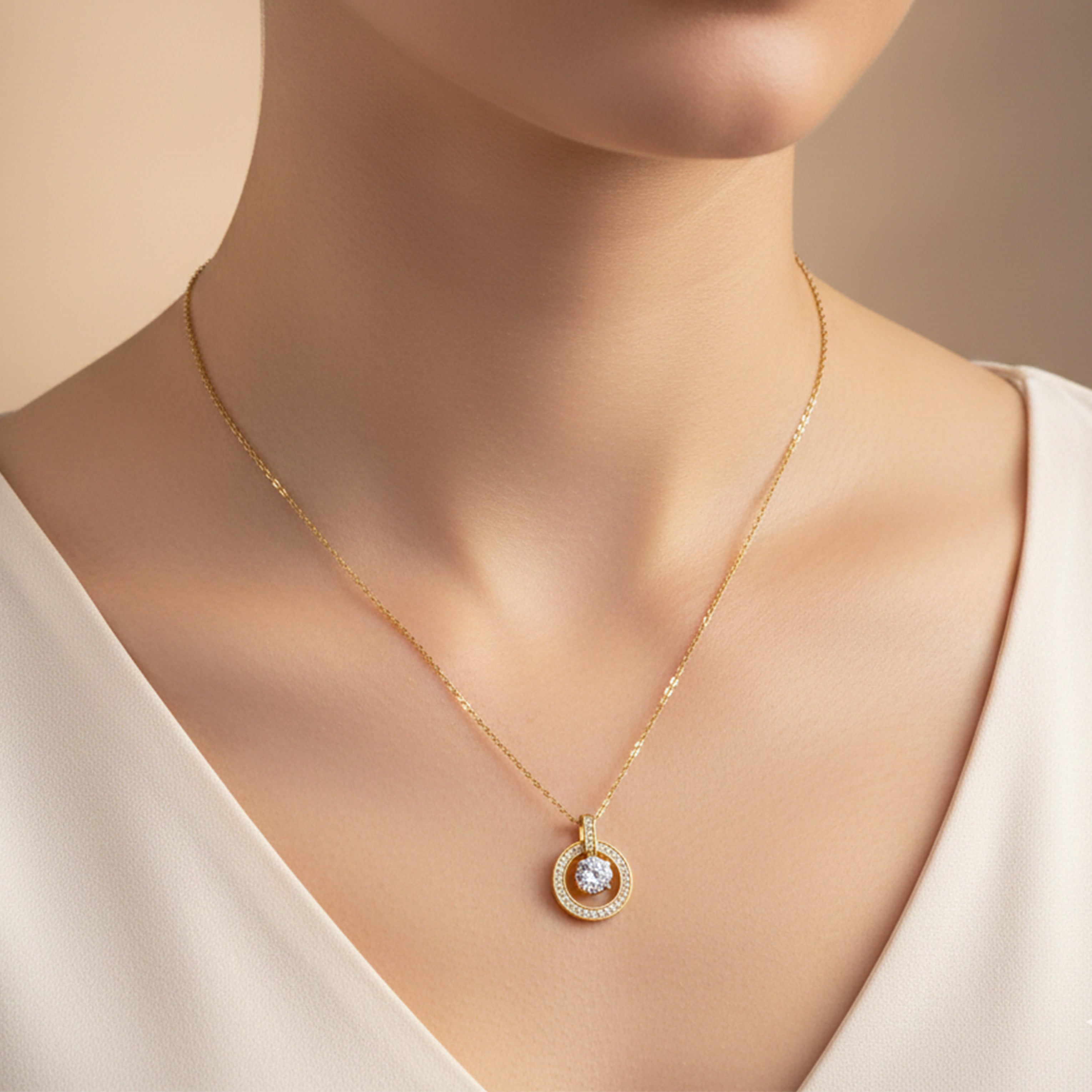 Classic Round Halo CZ Necklace for women in Gold - Finora Jewels