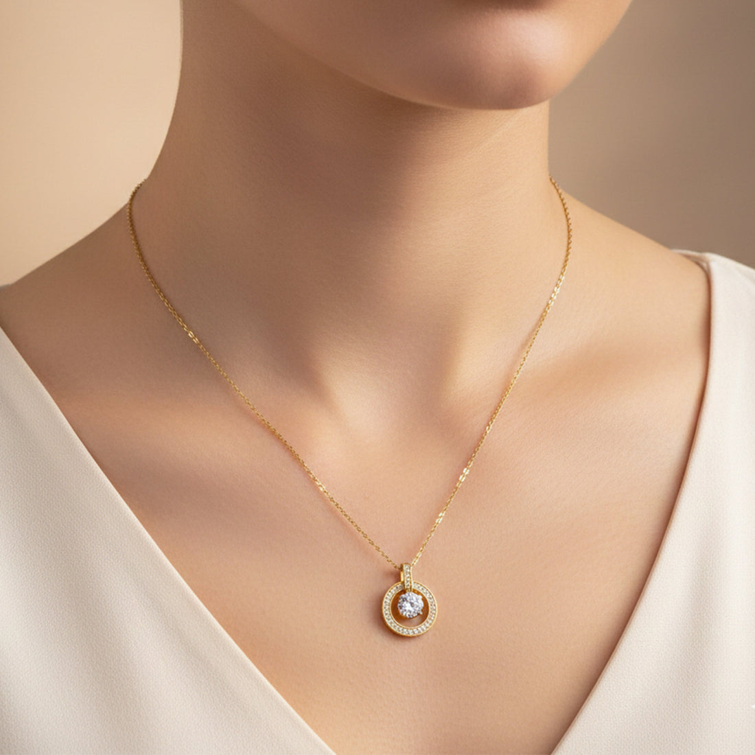 Classic Round Halo CZ Necklace for women in Gold - Finora Jewels