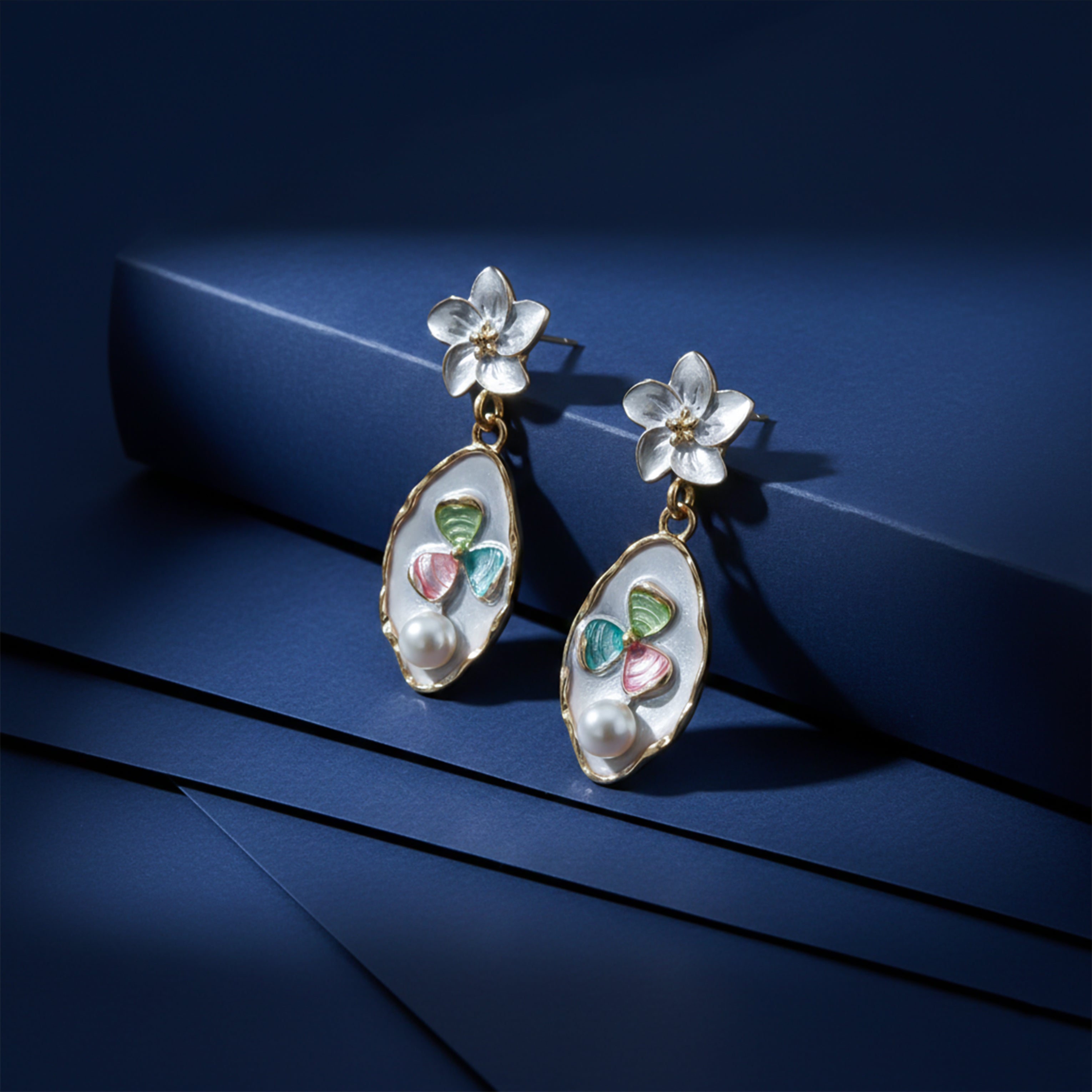 Silver Floral Pearl Stud Earrings for women - Finora Jewels