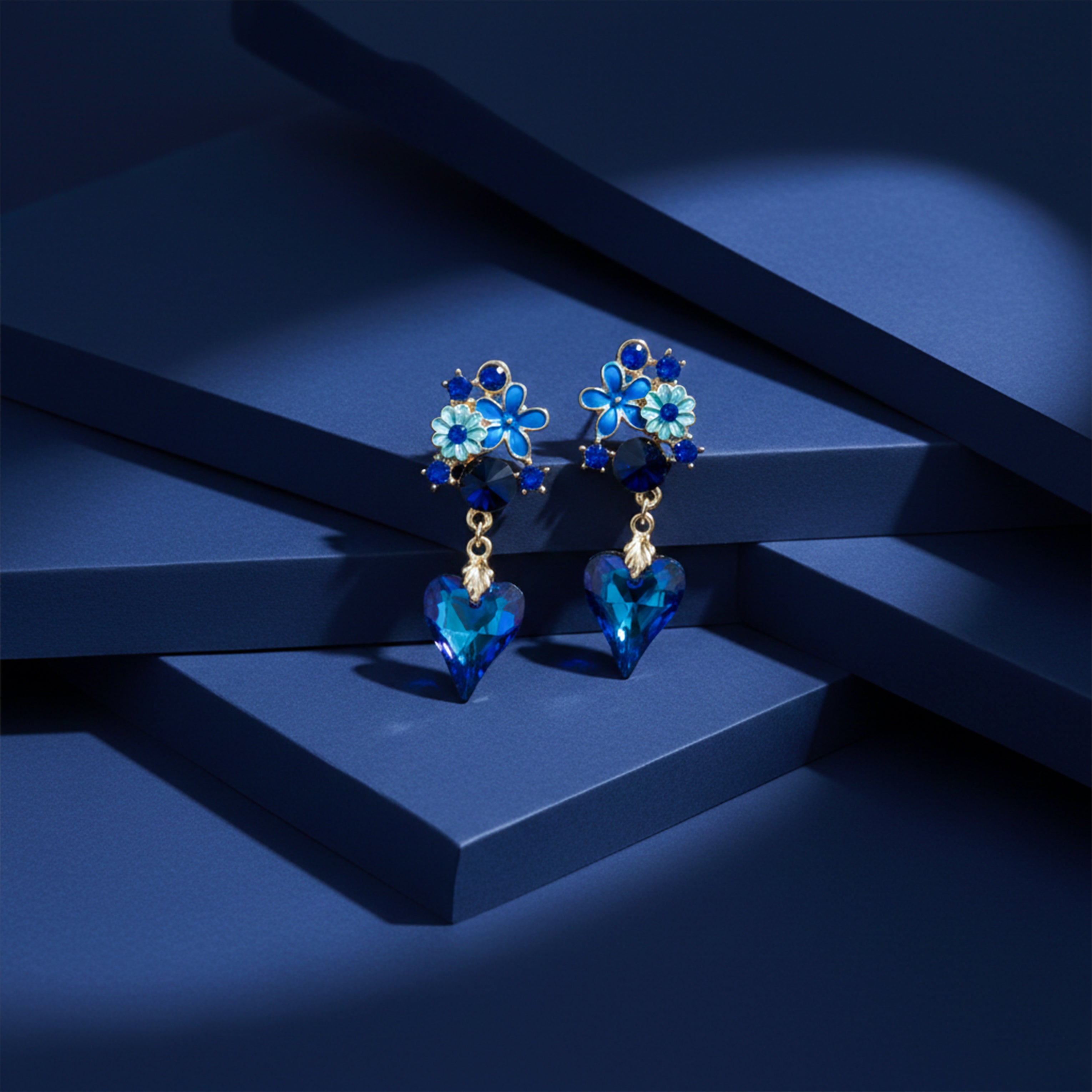 Gold Blue Floral Heart Drop Stud Earrings for women - Finora Jewels