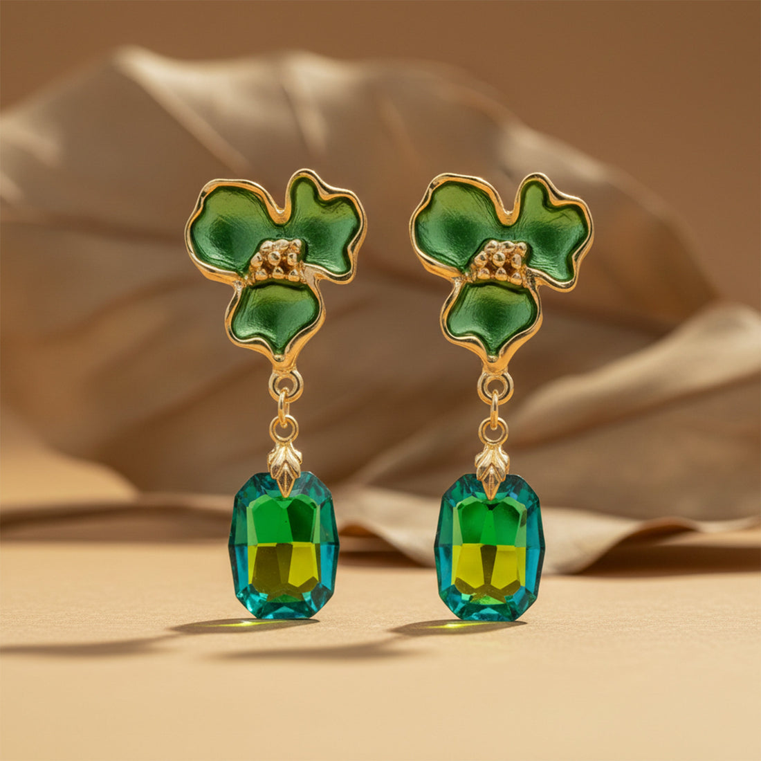 Gold Green Enamel Floral Drop Drop Earrings for women - Finora Jewels