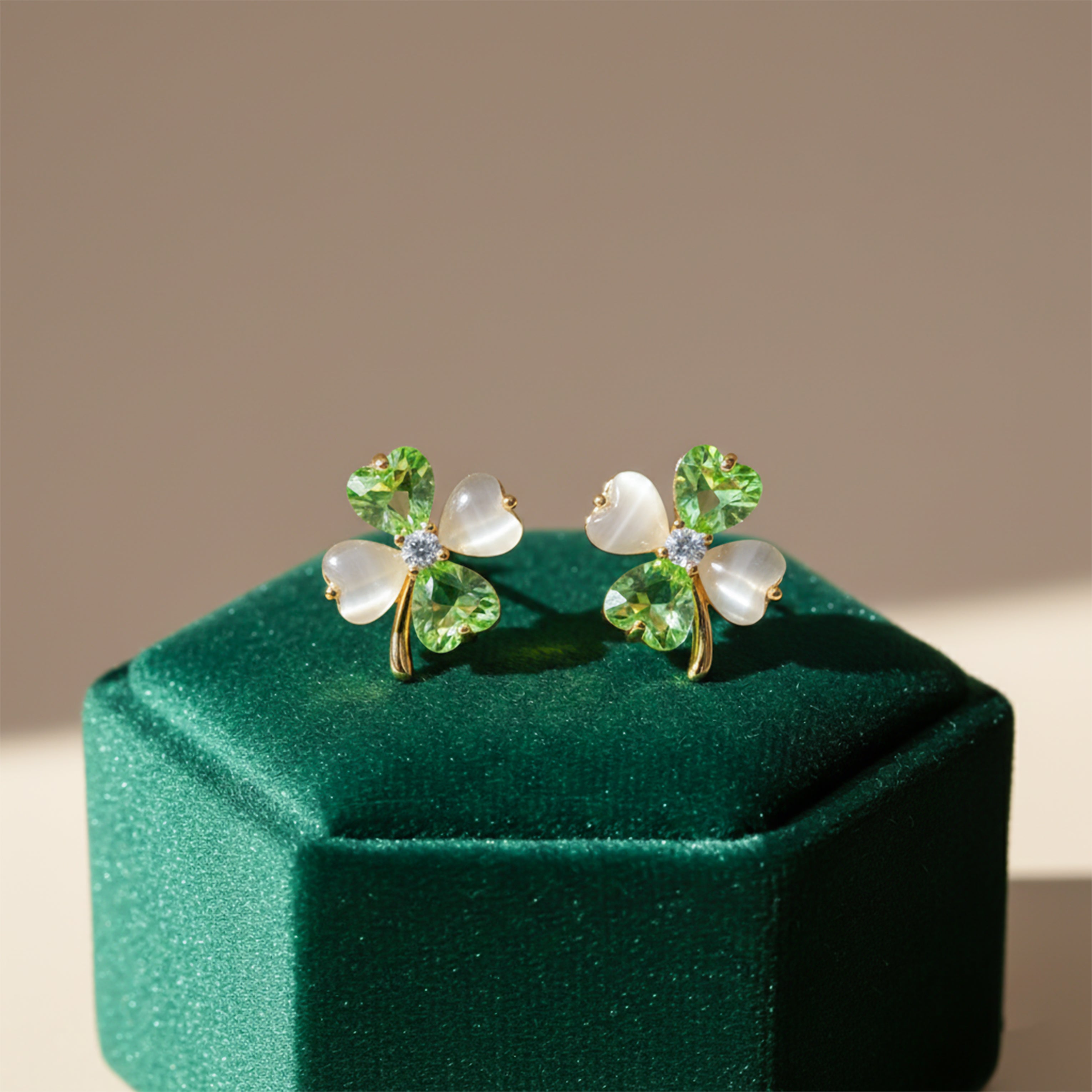 Jade Quatrefoil Cubic Zirconia Post Ear Studs GWE -112