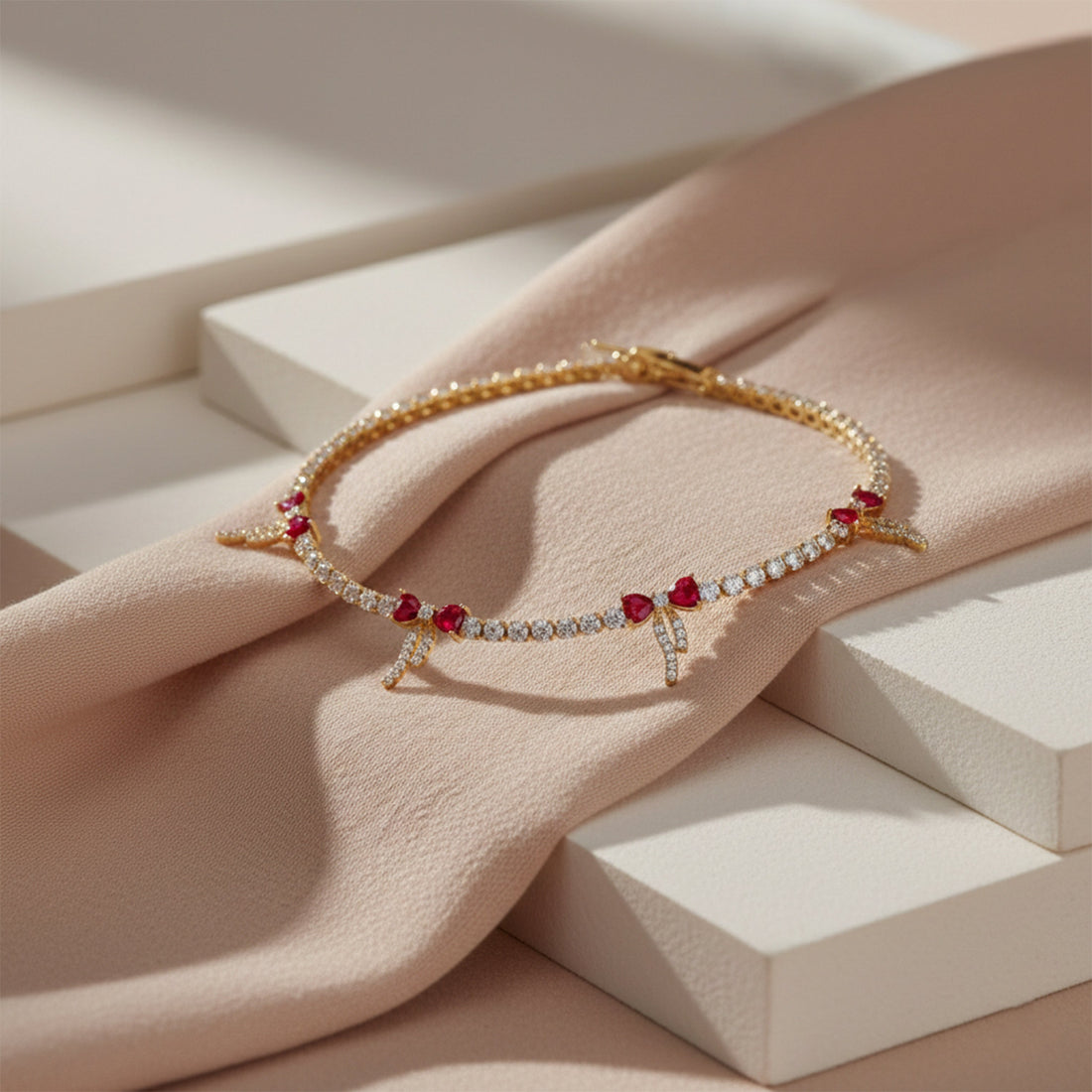 Gold Ruby Bow Tennis Bracelet for women - Finora Jewels