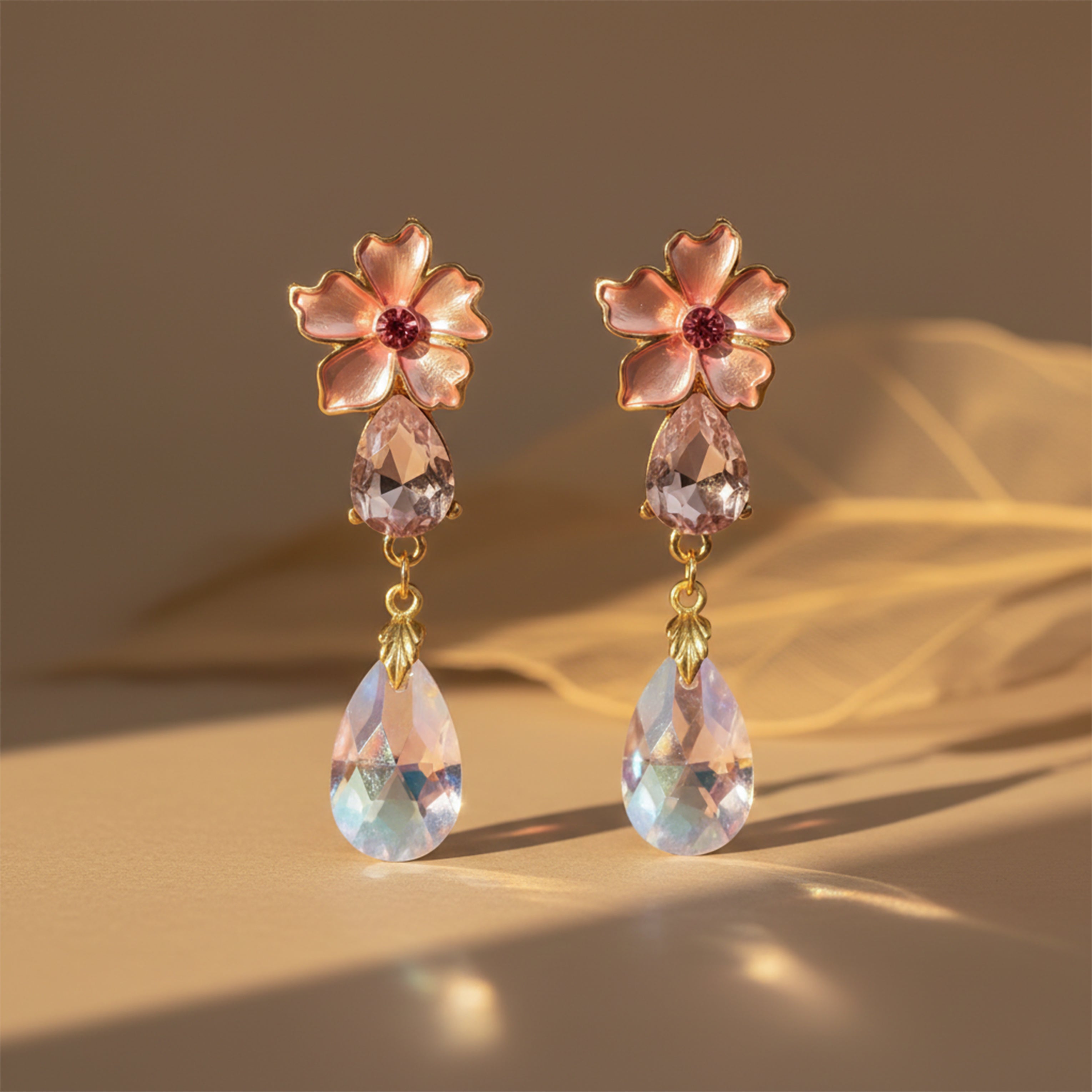 Gold Pink Floral Crystal Drop Stud Earrings for women - Finora Jewels