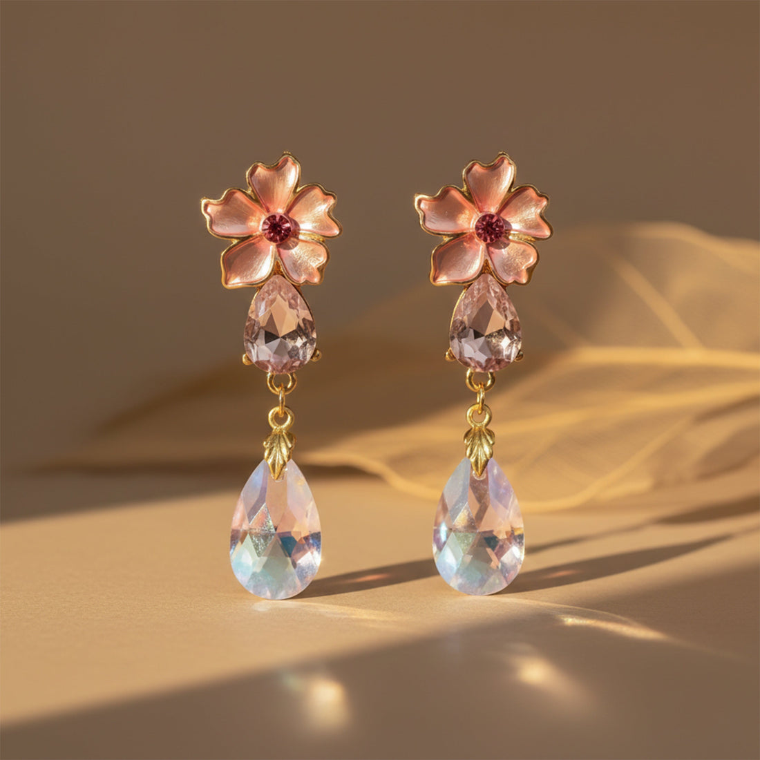 Gold Pink Floral Crystal Drop Stud Earrings for women - Finora Jewels