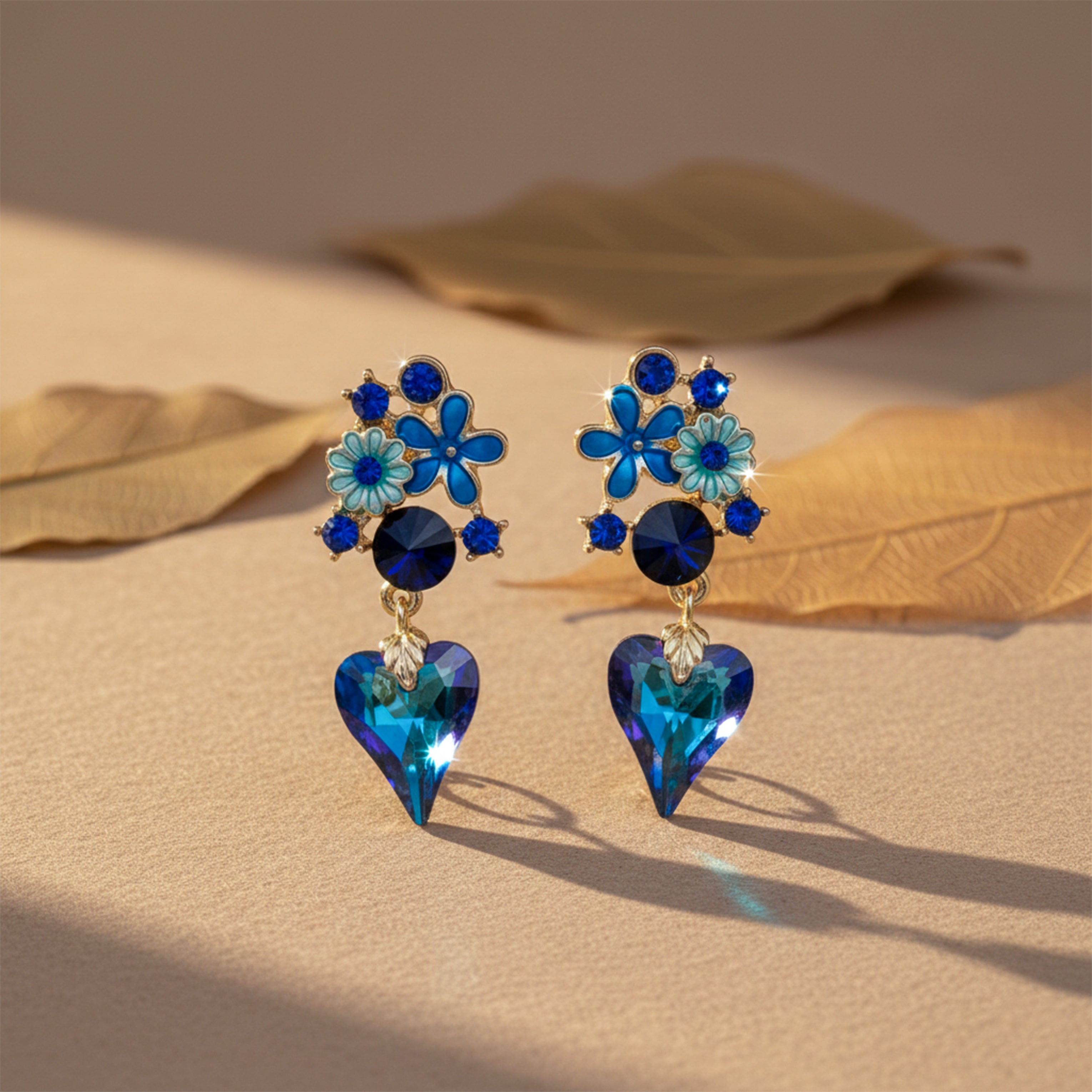 Gold Blue Floral Heart Drop Stud Earrings for women - Finora Jewels