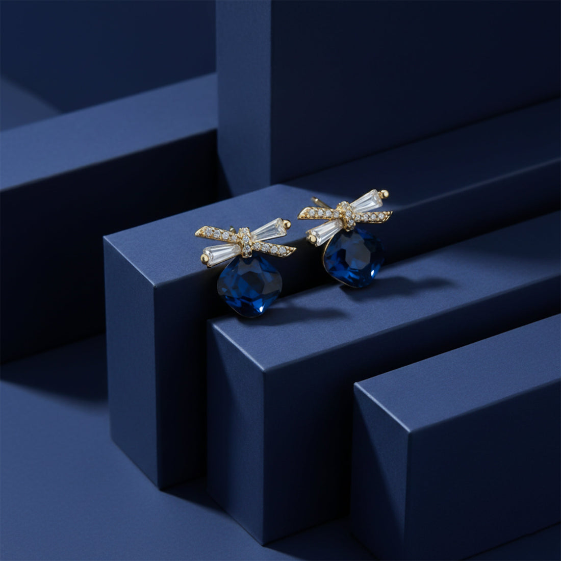 Gold Royal Blue Crystal Bow Stud Stud Earrings for women - Finora Jewels