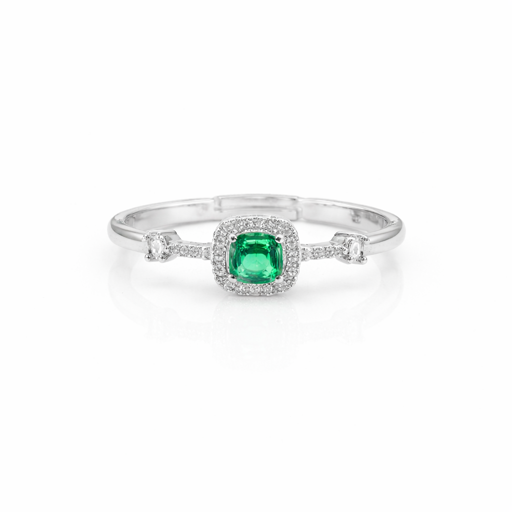 Women Ring Emerald Glow Halo Silver jewellery - Finora Jewels