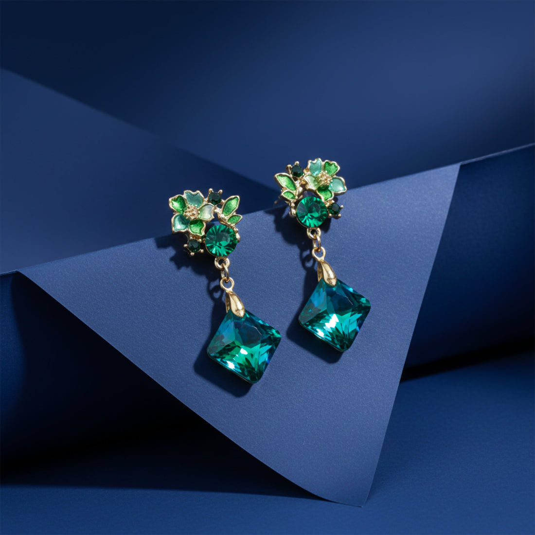 Women Stud Earrings Green Floral Gold jewellery - Finora Jewels