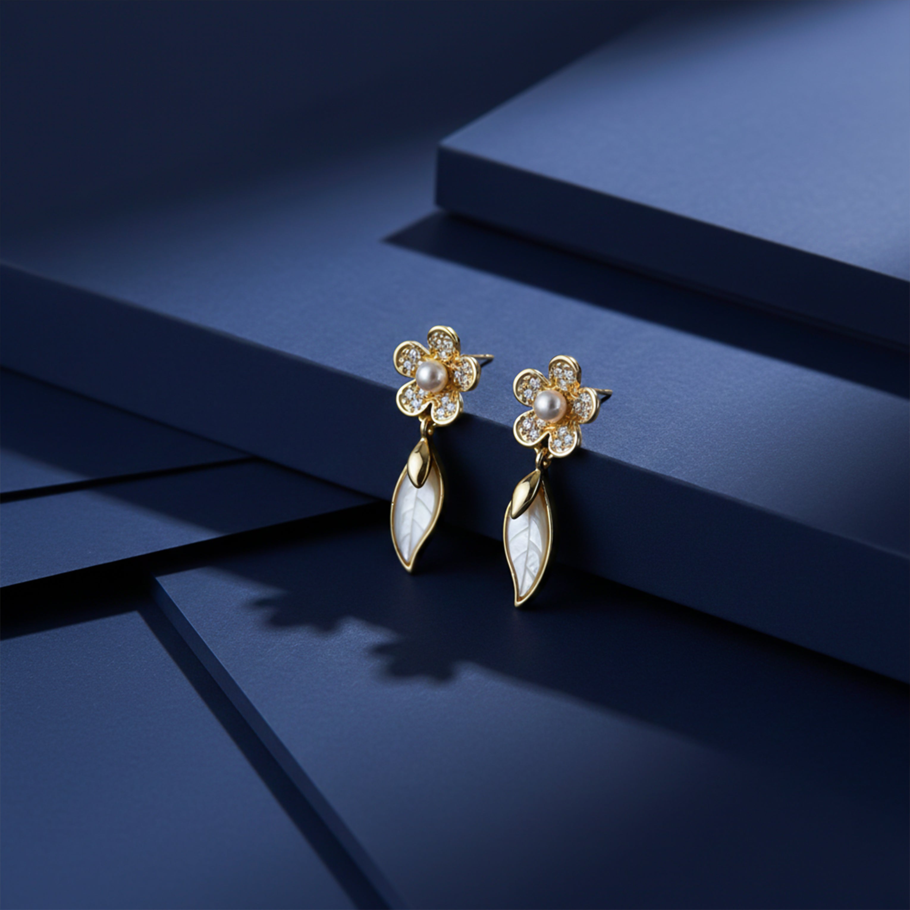 Women Stud Earrings Pearl Leaf Gold jewellery - Finora Jewels