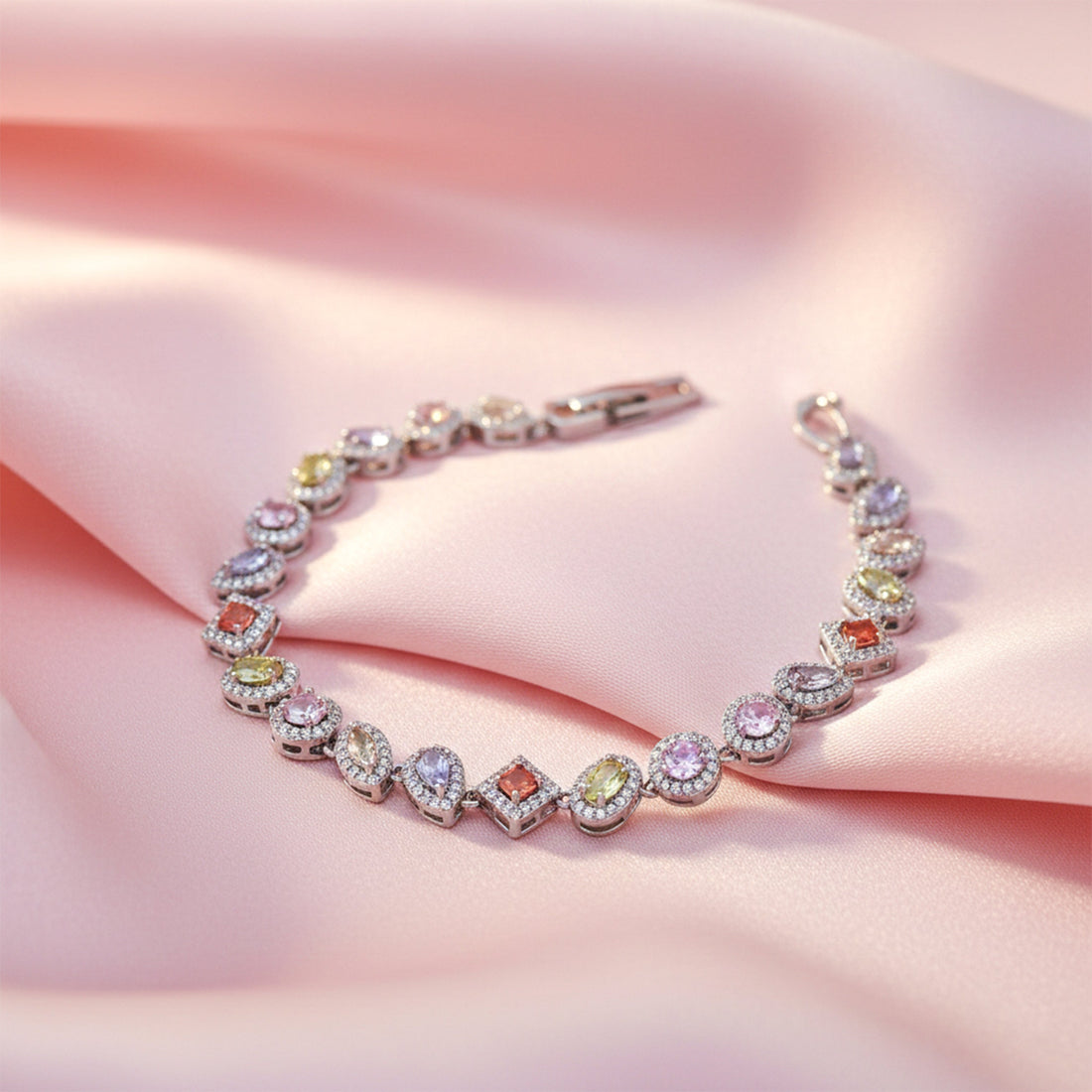 Silver Pastel Multicolor Halo Tennis Bracelet for women - Finora Jewels