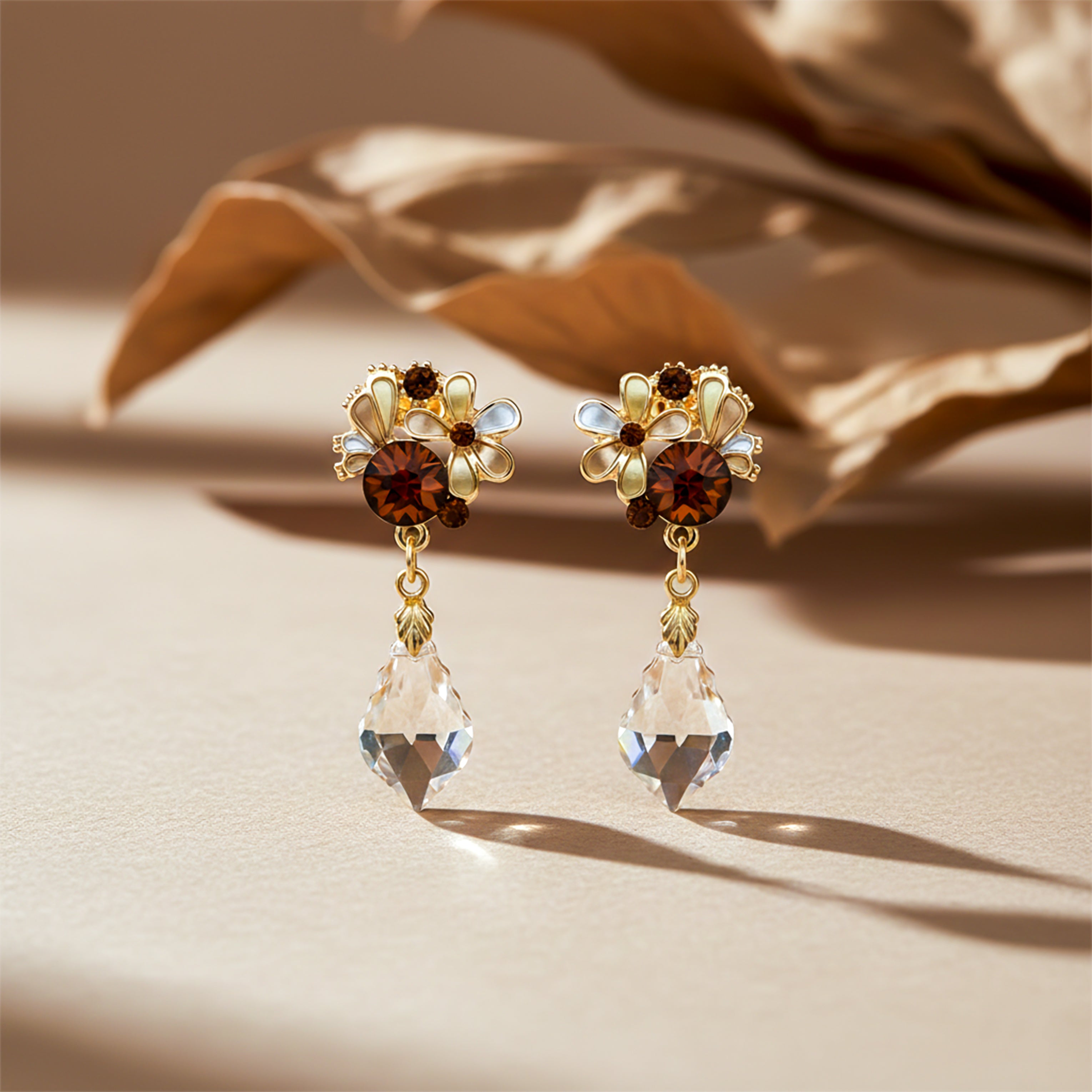 Brown Crystal Floral Drop Stud Earrings for women in Gold - Finora Jewels