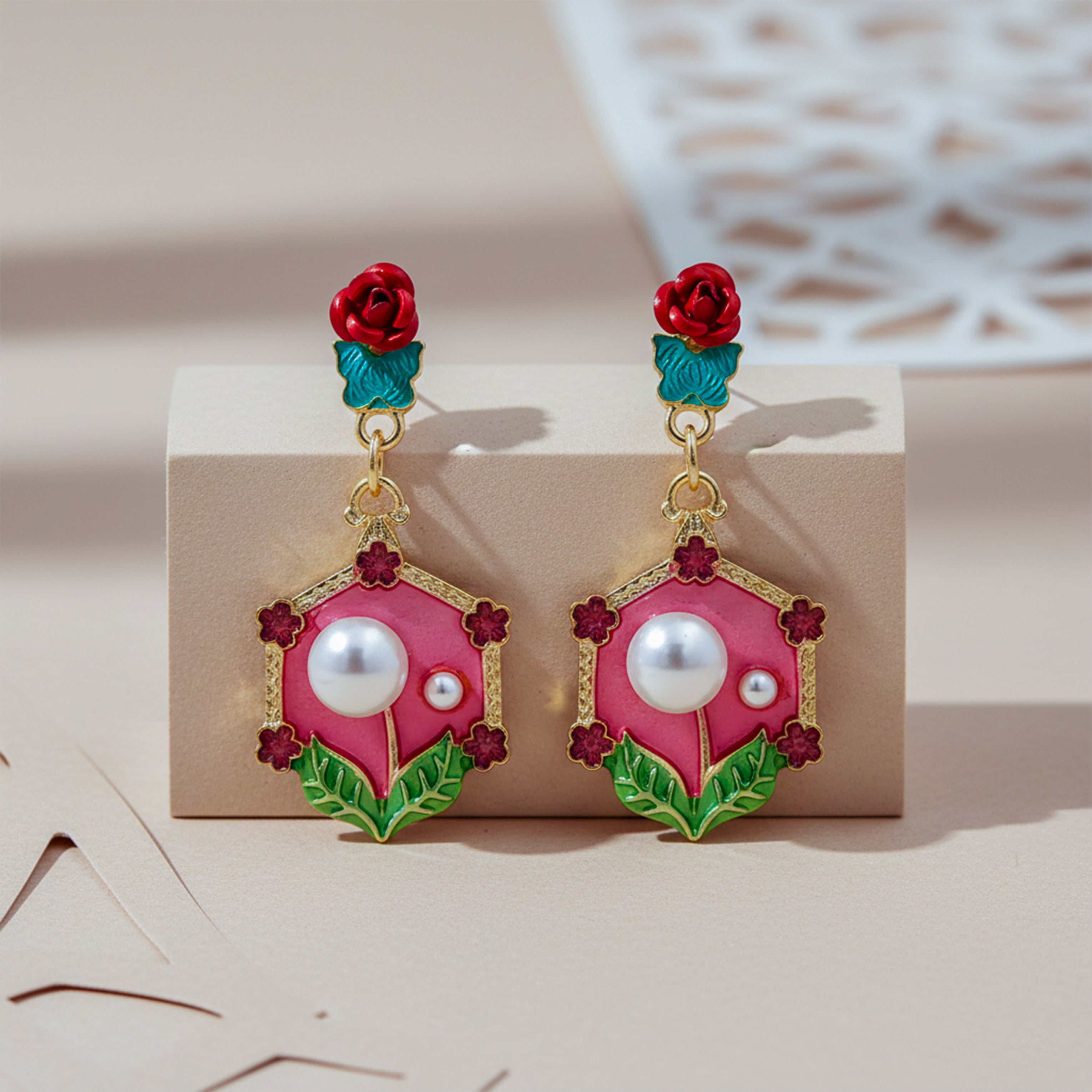 Women Stud Earrings Red Floral Pearl Gold jewellery - Finora Jewels