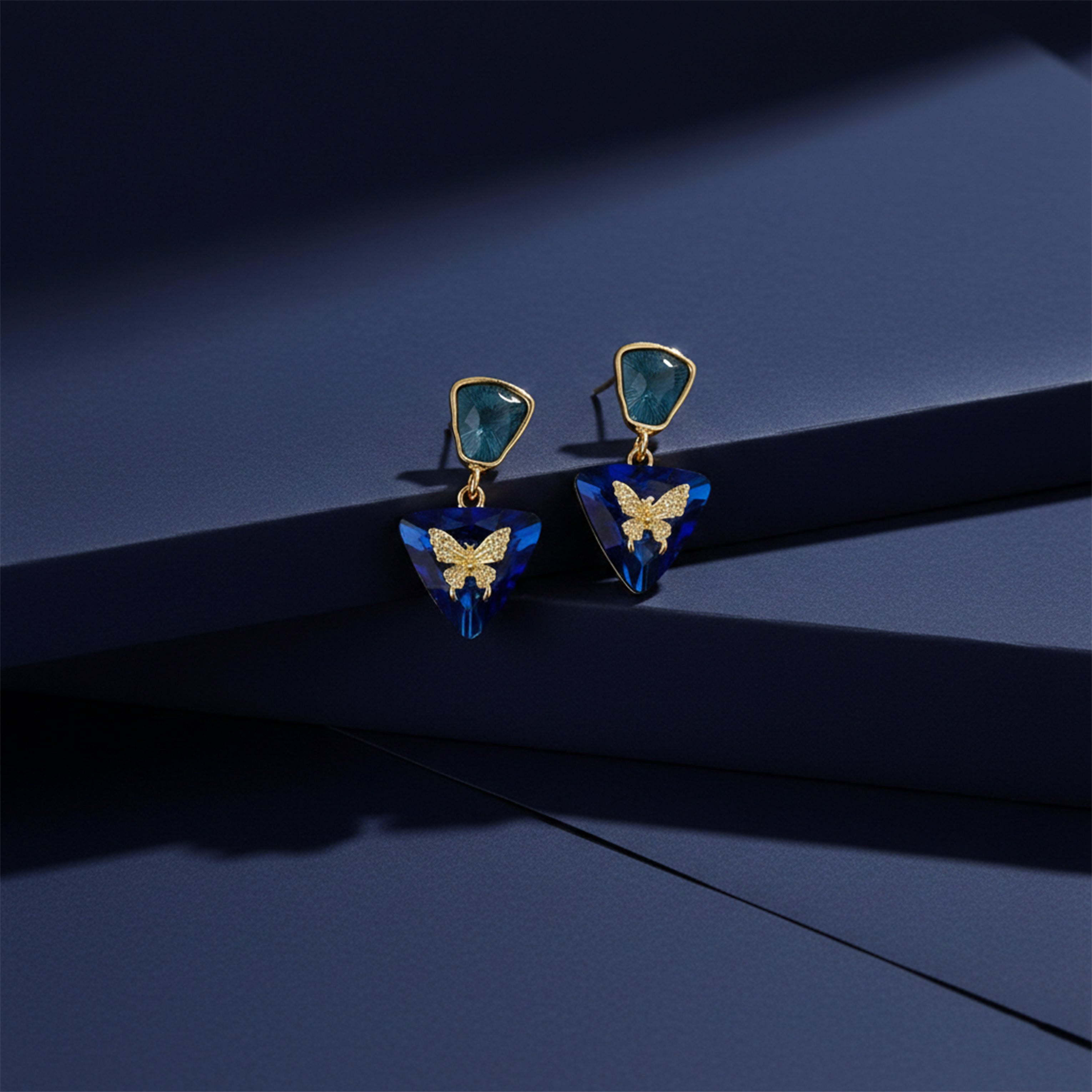 Gold Blue Butterfly Crystal Stud Earrings for women - Finora Jewels