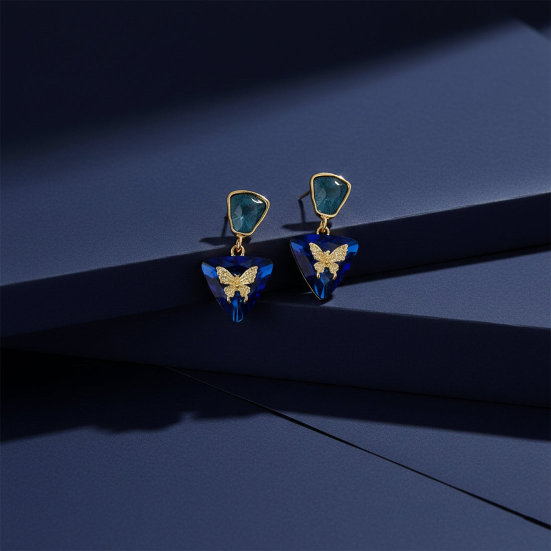 Gold Blue Butterfly Crystal Stud Earrings for women - Finora Jewels