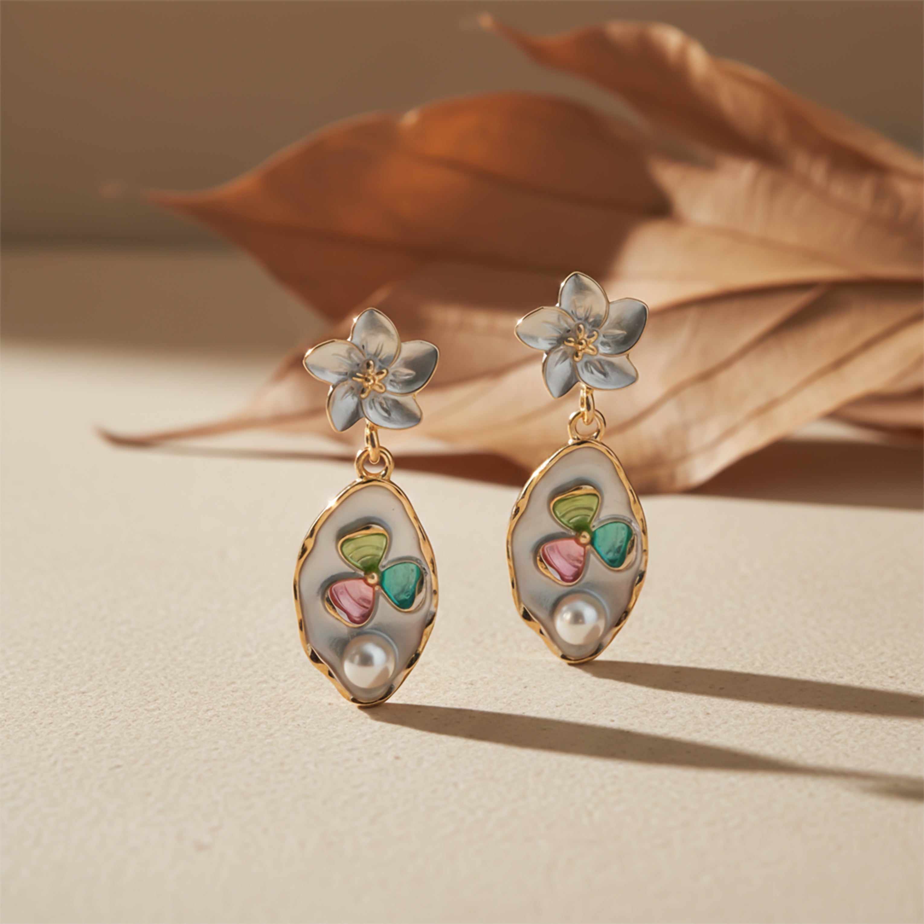 Silver Floral Pearl Stud Earrings for women - Finora Jewels